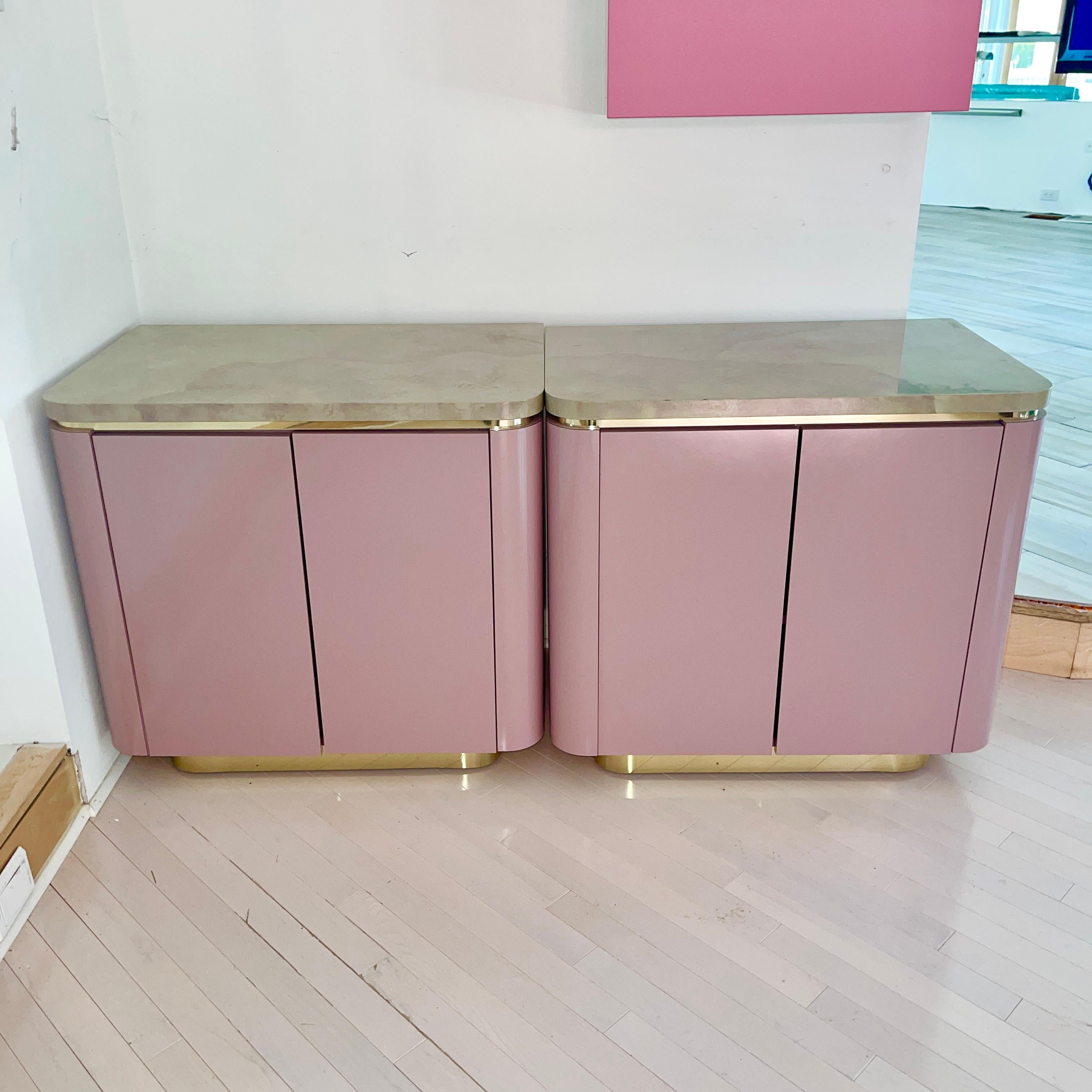 Custom King Headboard Cabinet with Integrated Nightstands Pink/Mauve & Brass 10