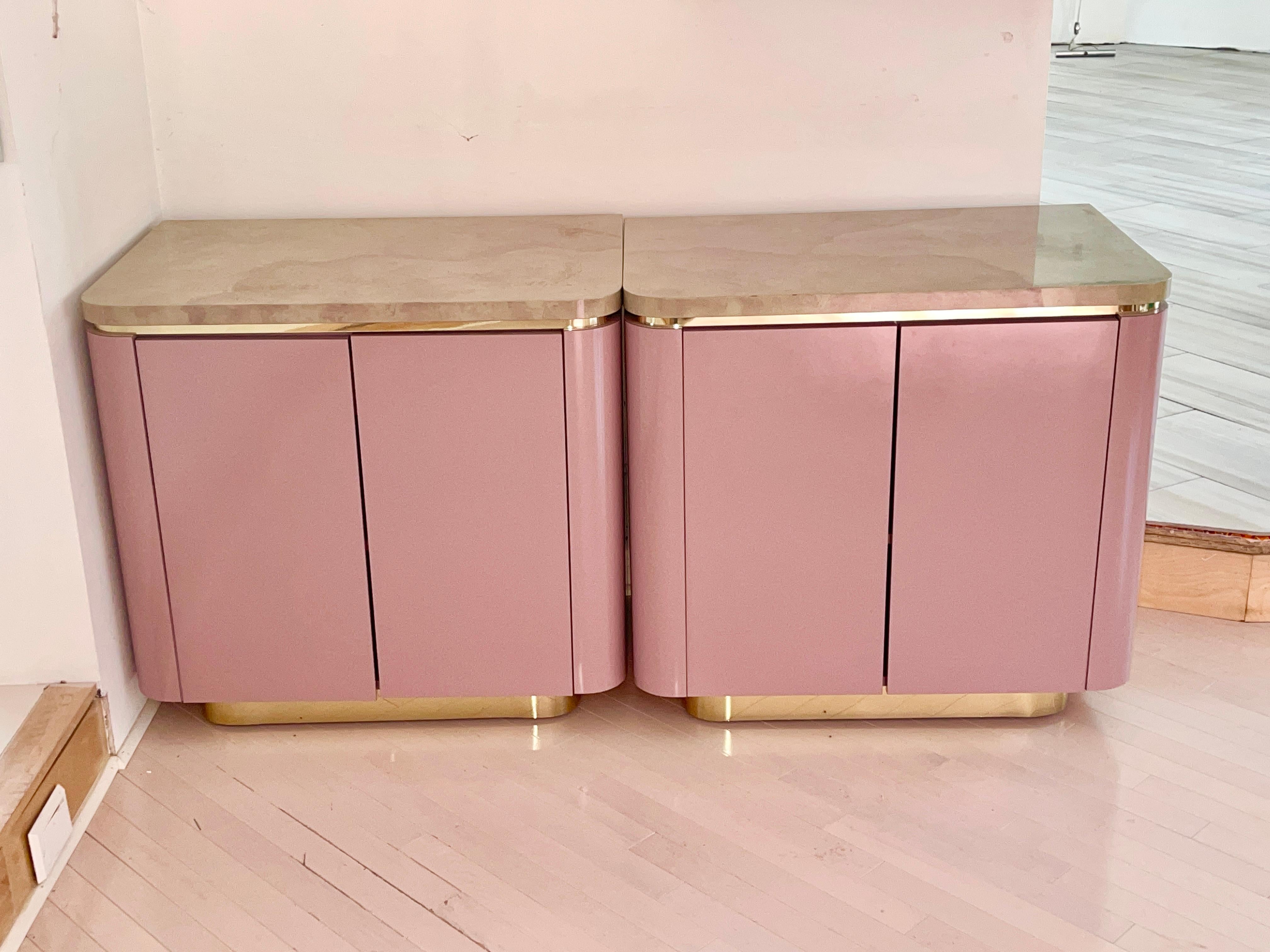 Custom King Headboard Cabinet with Integrated Nightstands Pink/Mauve & Brass 11
