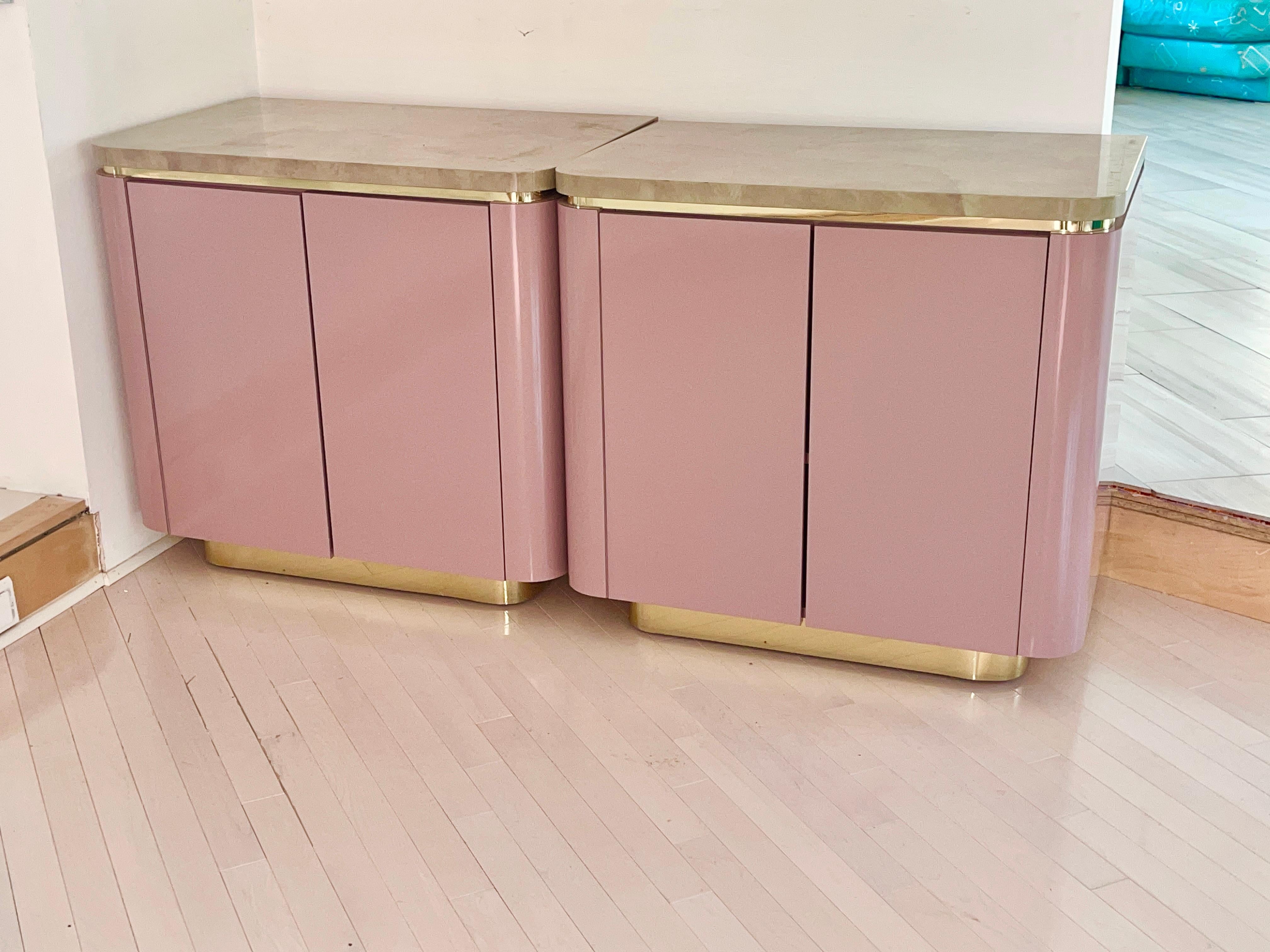 Custom King Headboard Cabinet with Integrated Nightstands Pink/Mauve & Brass 12
