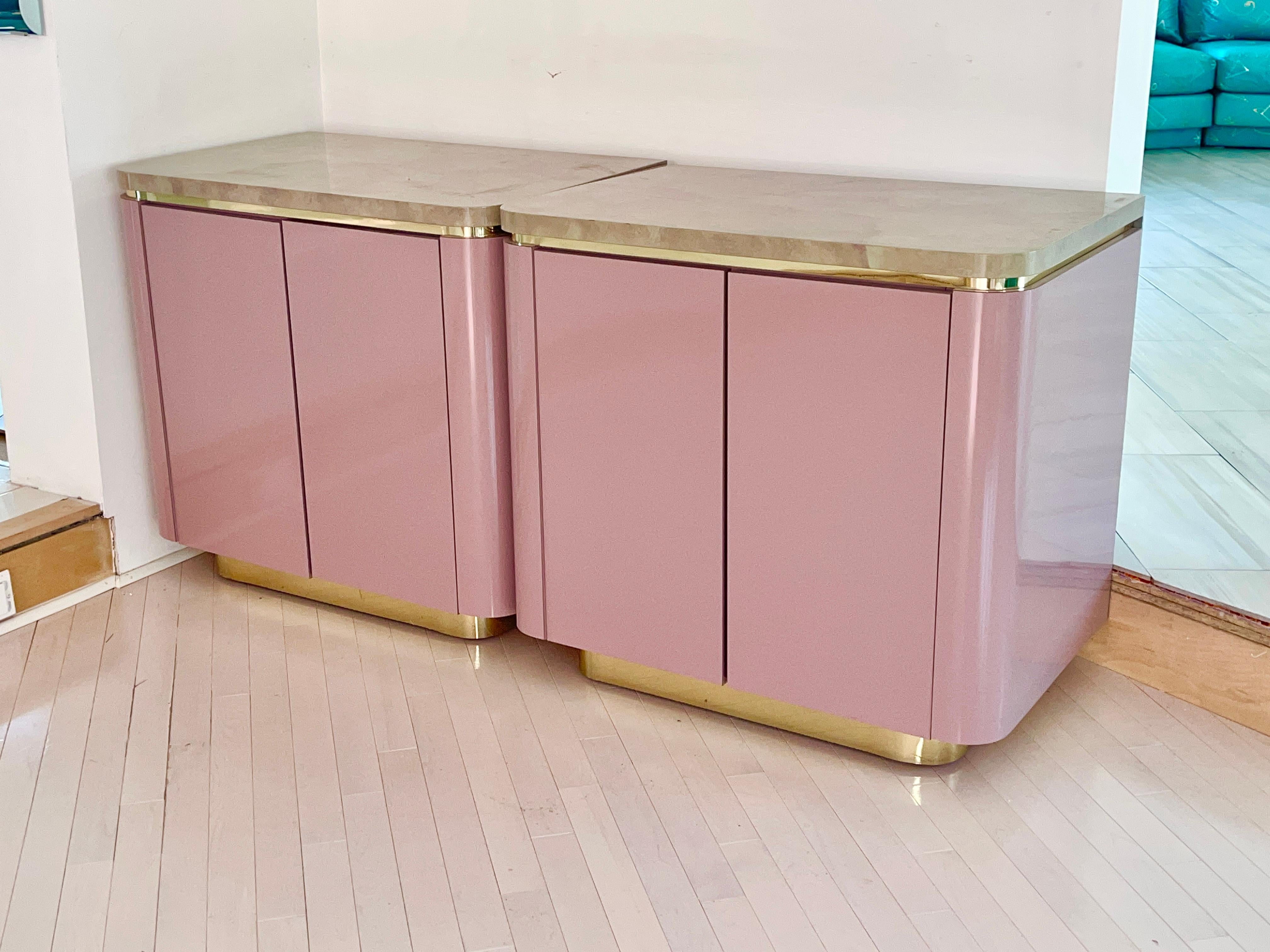 Custom King Headboard Cabinet with Integrated Nightstands Pink/Mauve & Brass 13