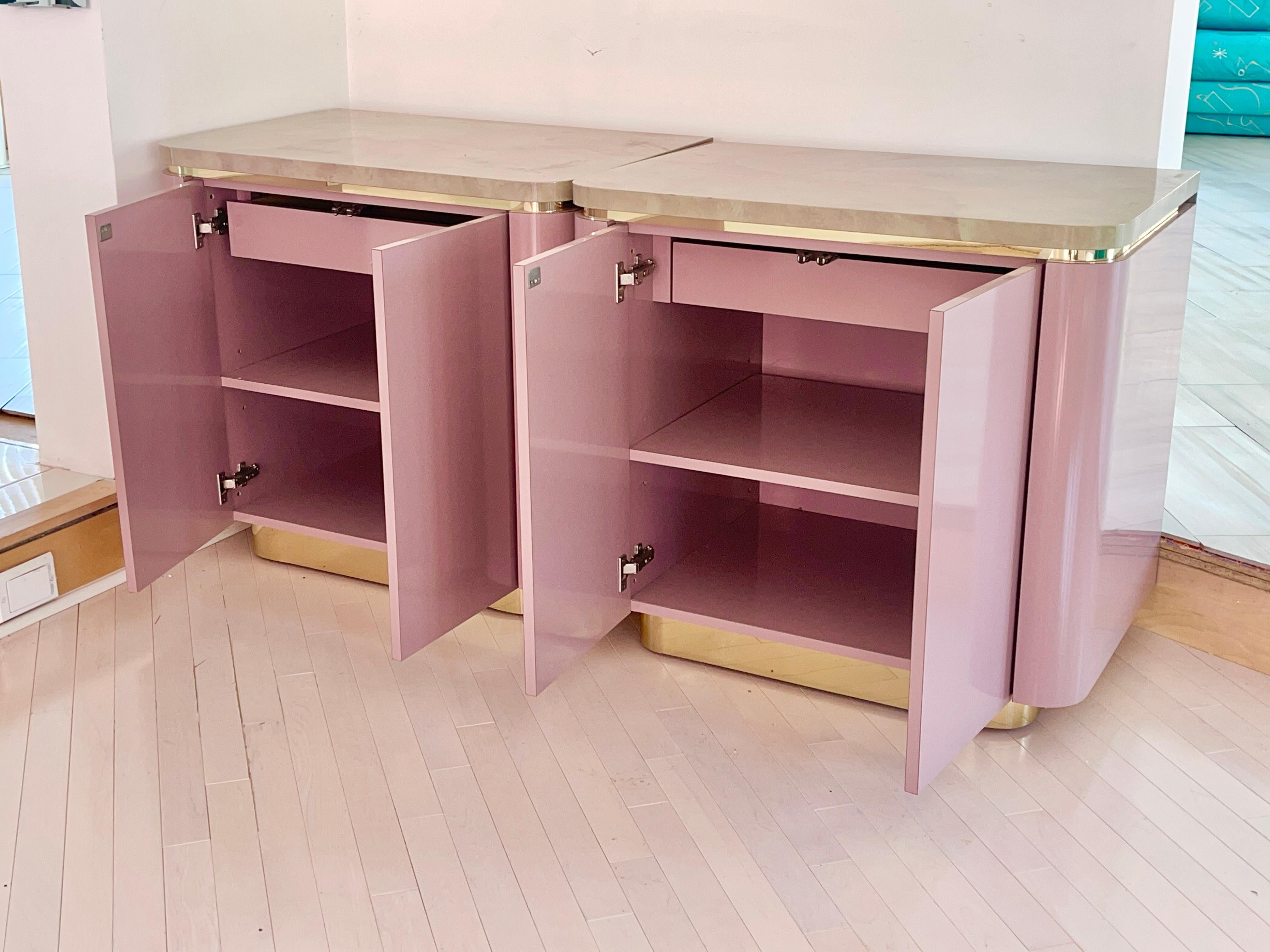 Custom King Headboard Cabinet with Integrated Nightstands Pink/Mauve & Brass 14