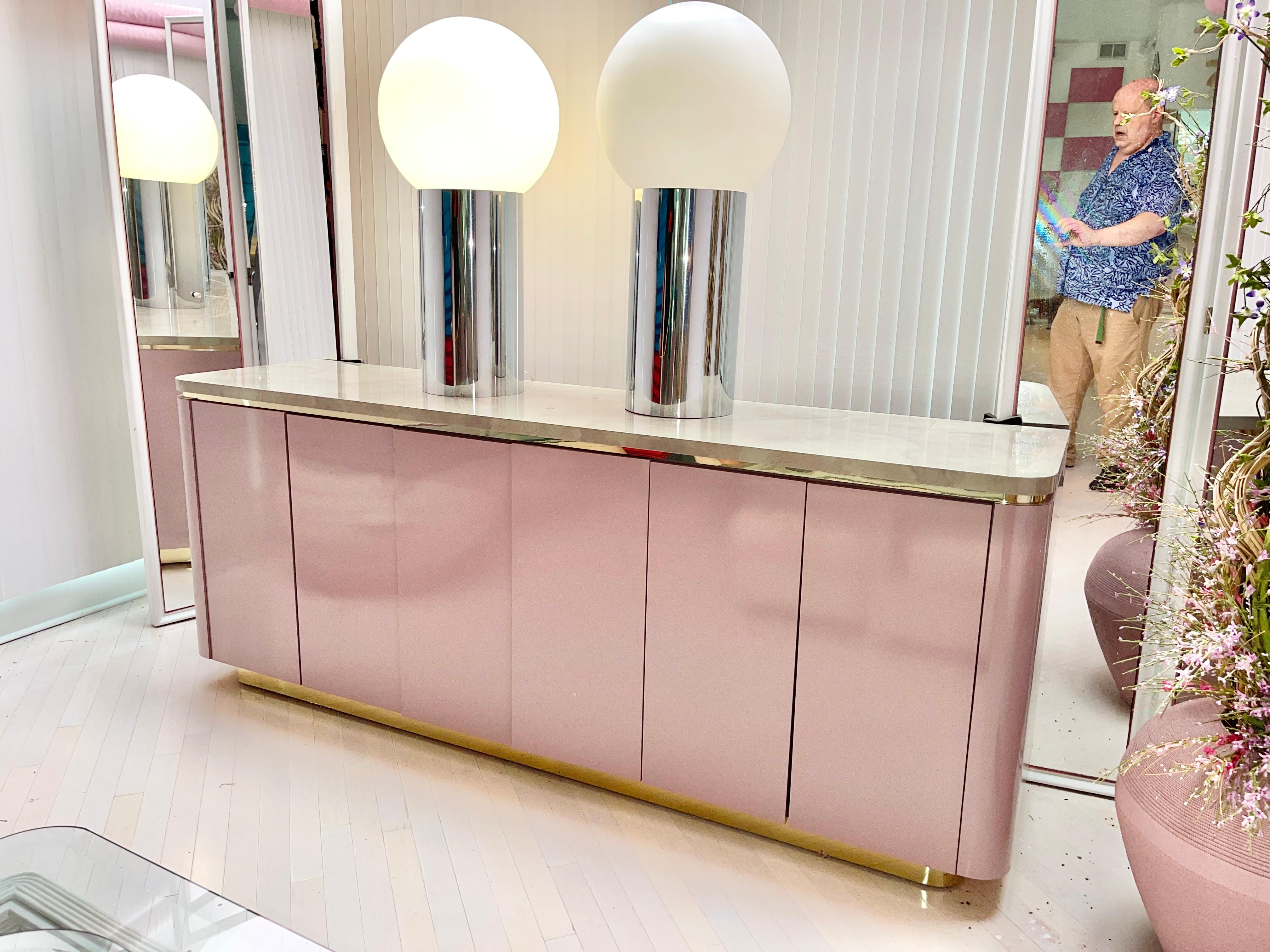Post-Modern Custom King Headboard Cabinet with Integrated Nightstands Pink/Mauve & Brass