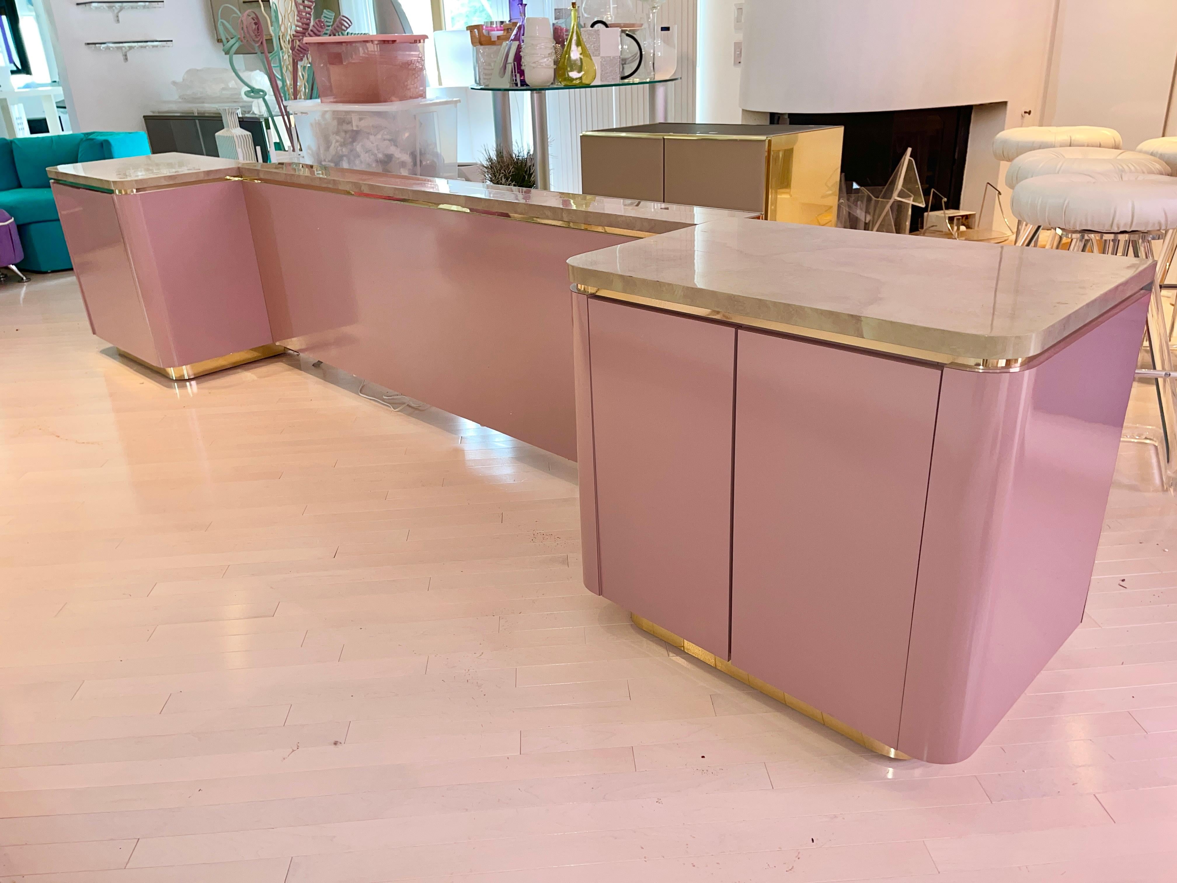 American Custom King Headboard Cabinet with Integrated Nightstands Pink/Mauve & Brass