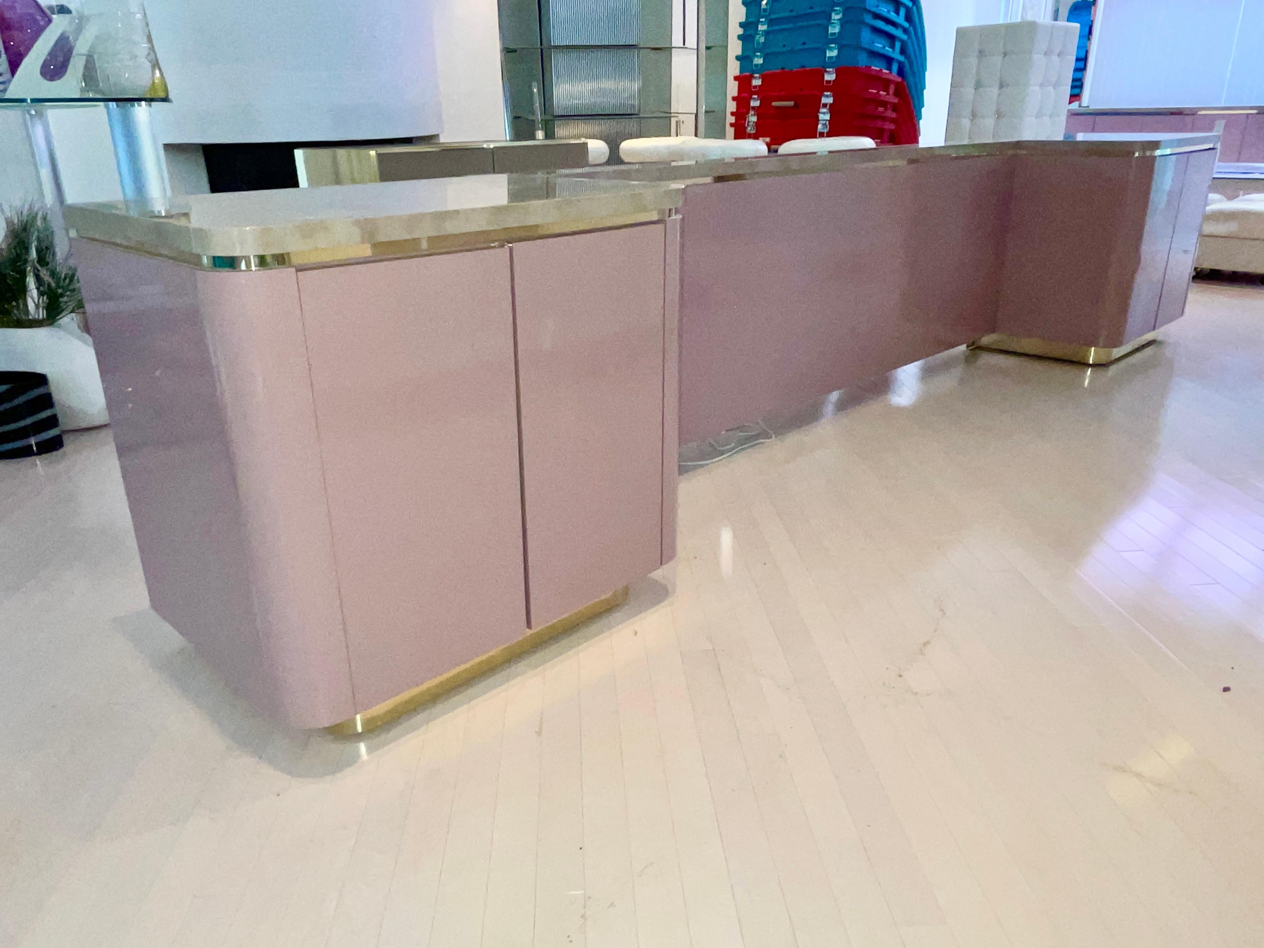 Late 20th Century Custom King Headboard Cabinet with Integrated Nightstands Pink/Mauve & Brass