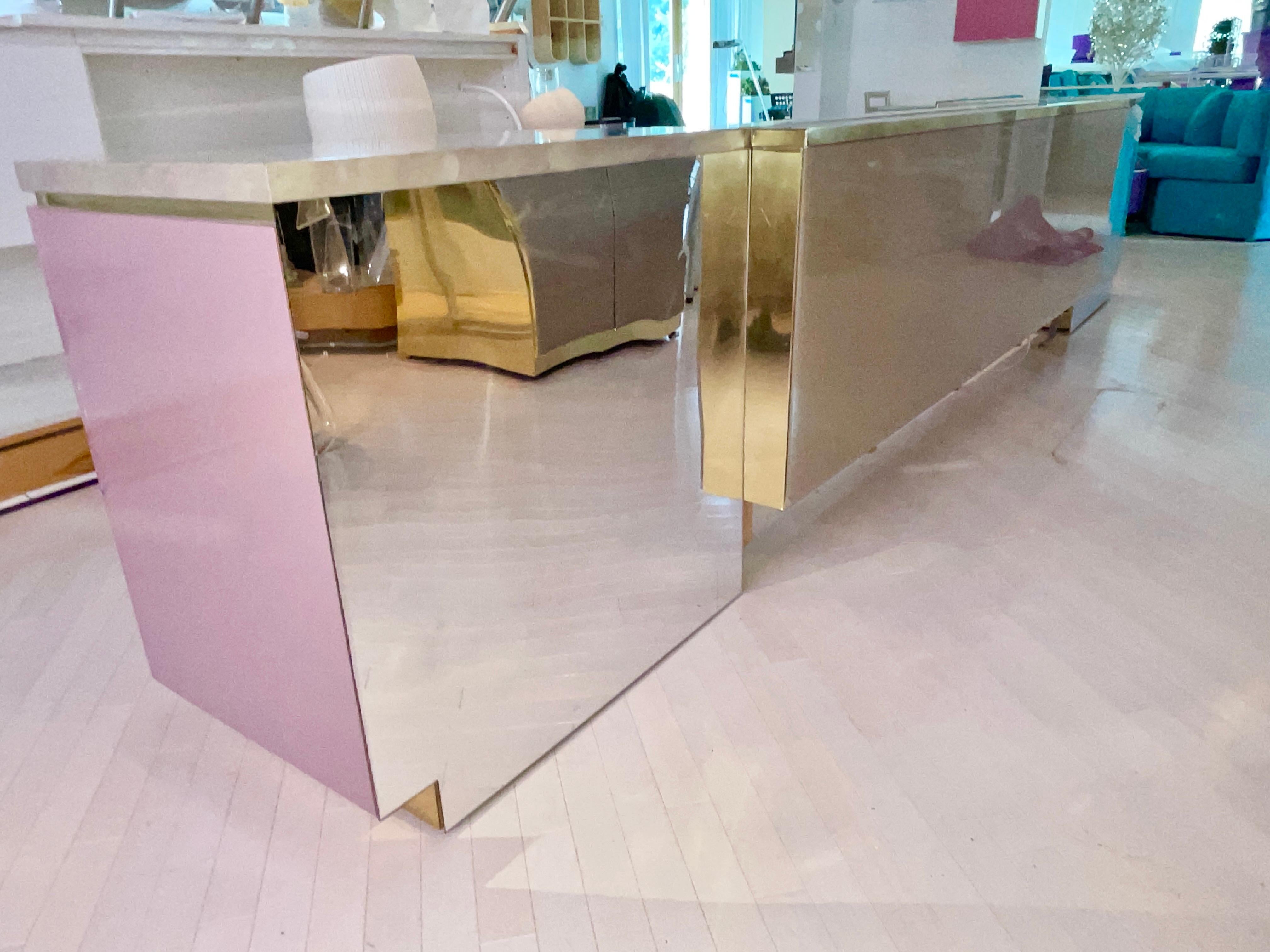 Custom King Headboard Cabinet with Integrated Nightstands Pink/Mauve & Brass 2
