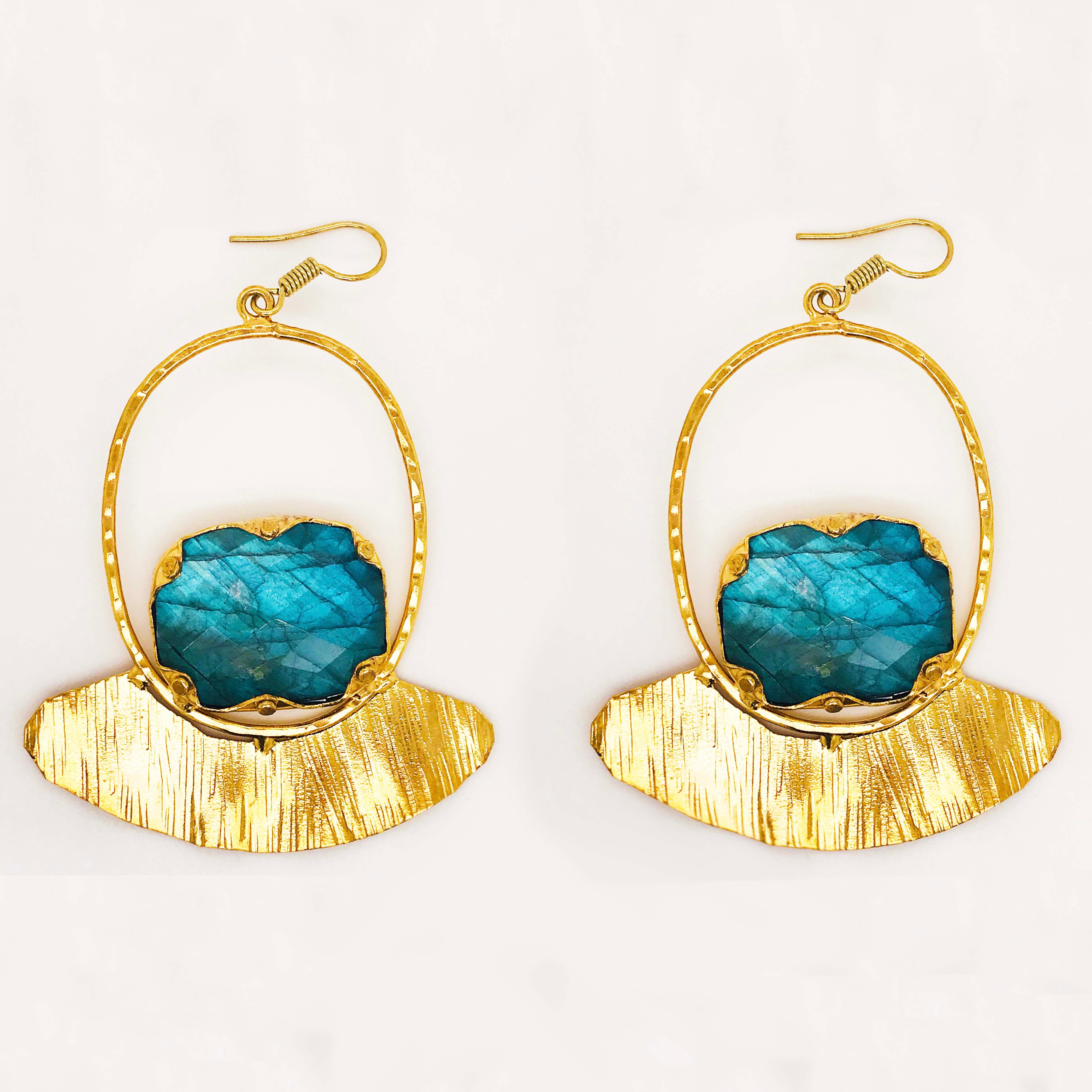 Custom Labradorite Gemstone Gold Earring Dangles with Gold Organic Design 3