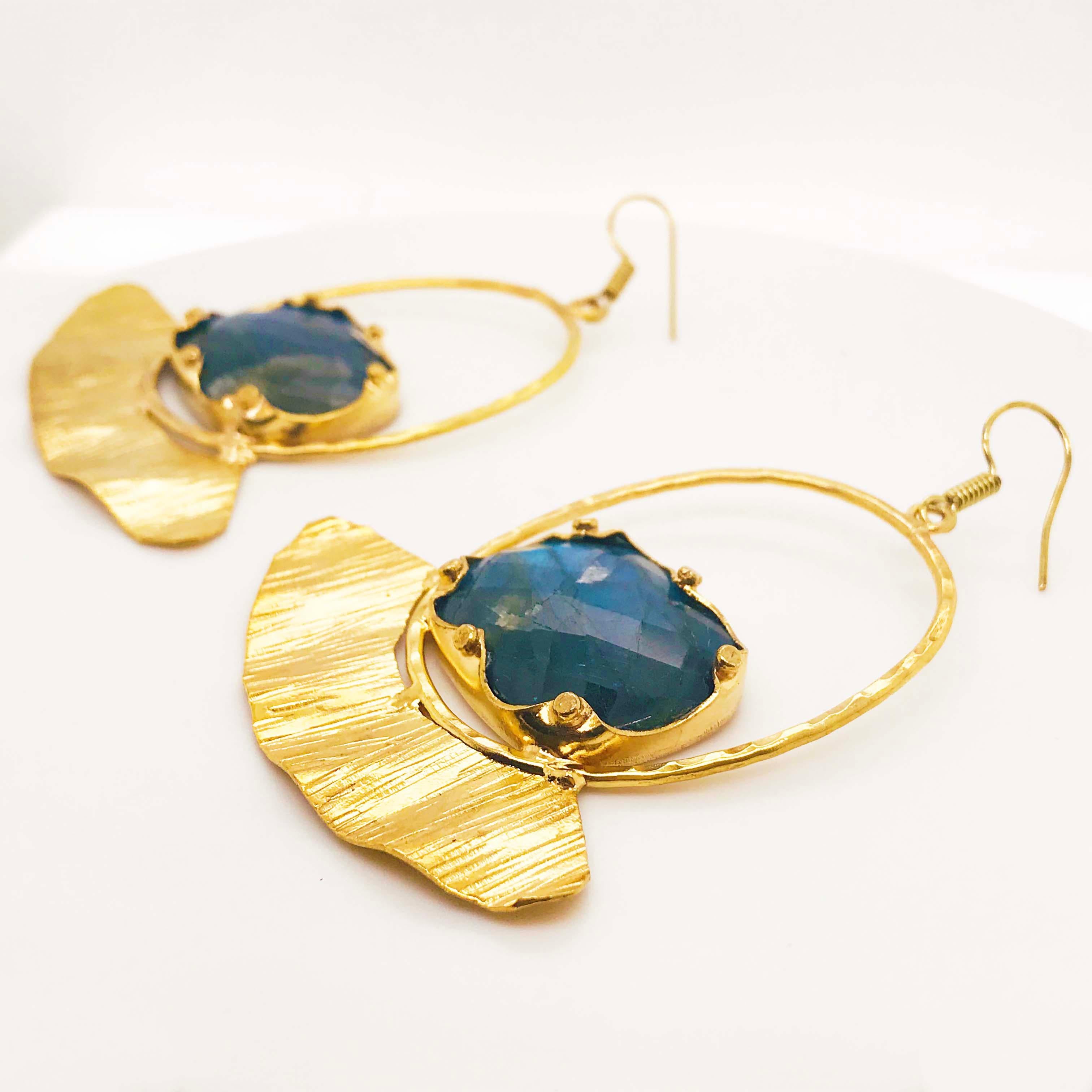 Custom Labradorite Gemstone Gold Earring Dangles with Gold Organic Design 4
