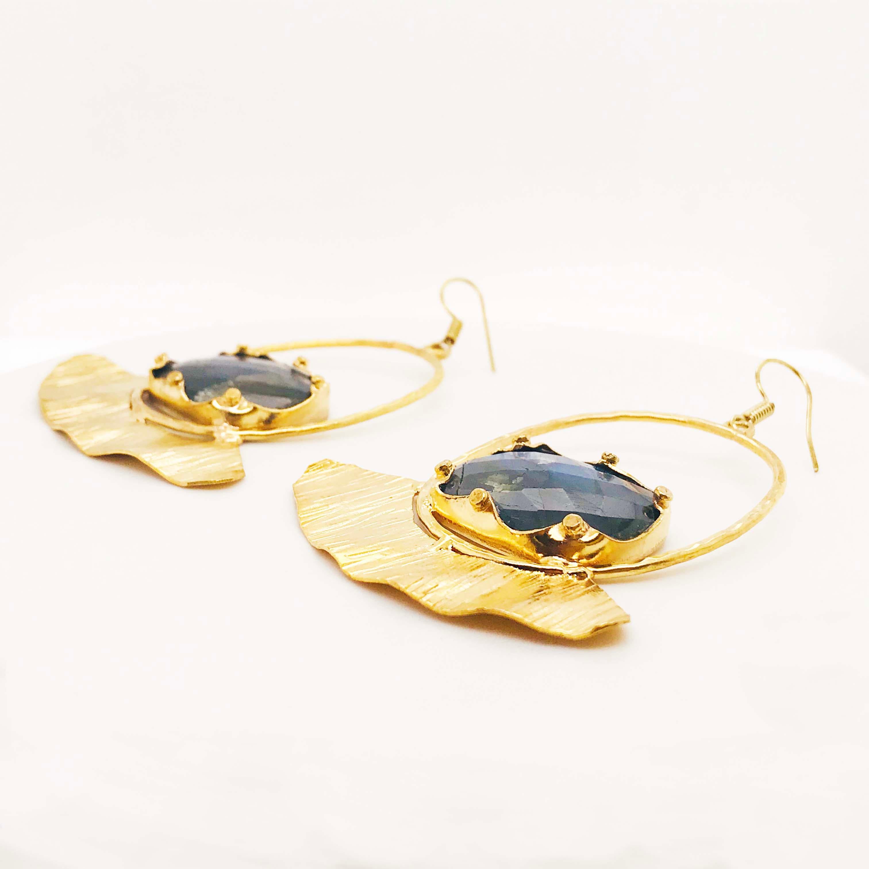 Custom Labradorite Gemstone Gold Earring Dangles with Gold Organic Design 5