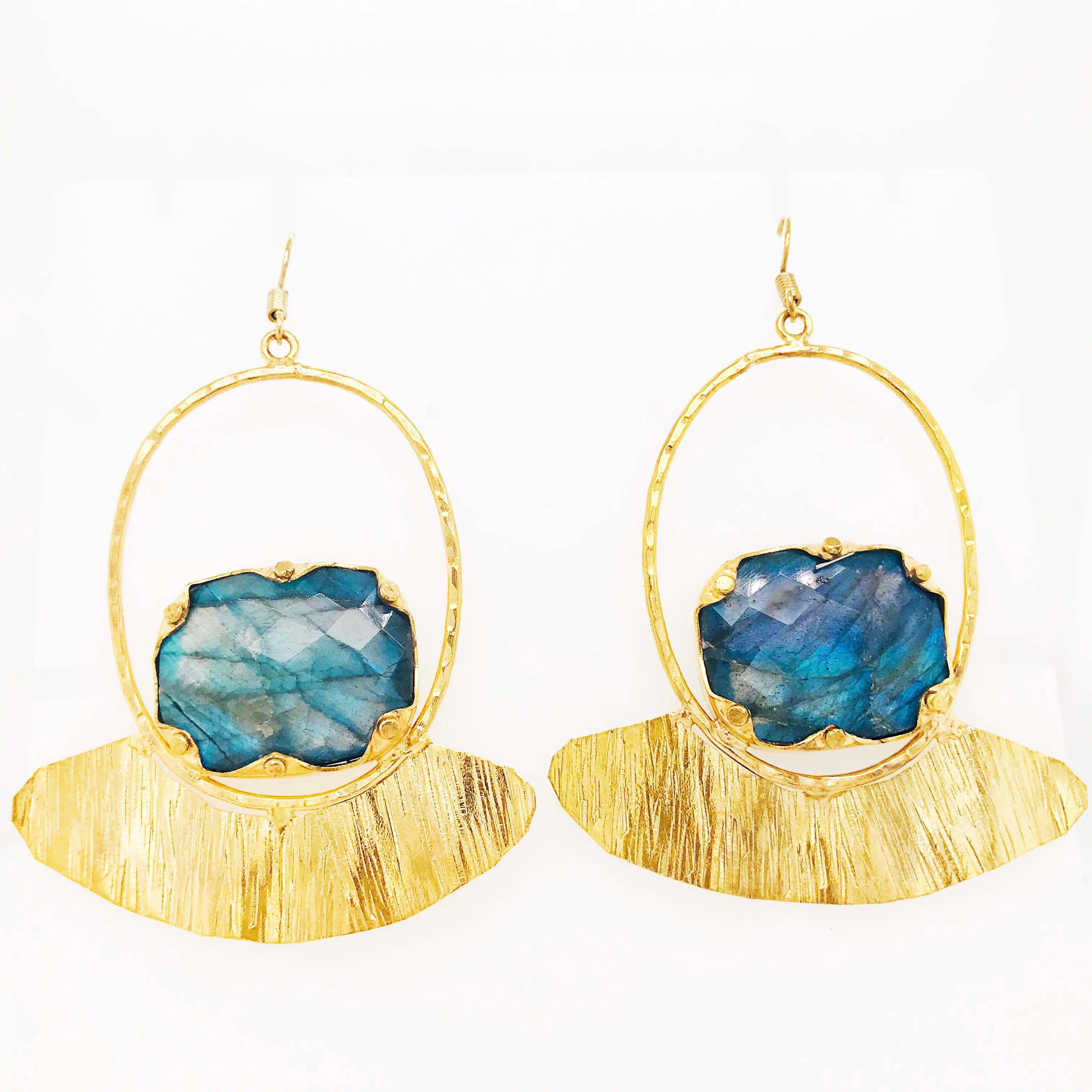 The bold labradorite earring dangles are a custom design with genuine labradorite gemstones and gold metal.   These organic earrings have a genuine piece of labradorite set in each earring. The labradorite gemstones have been hand cut and polished