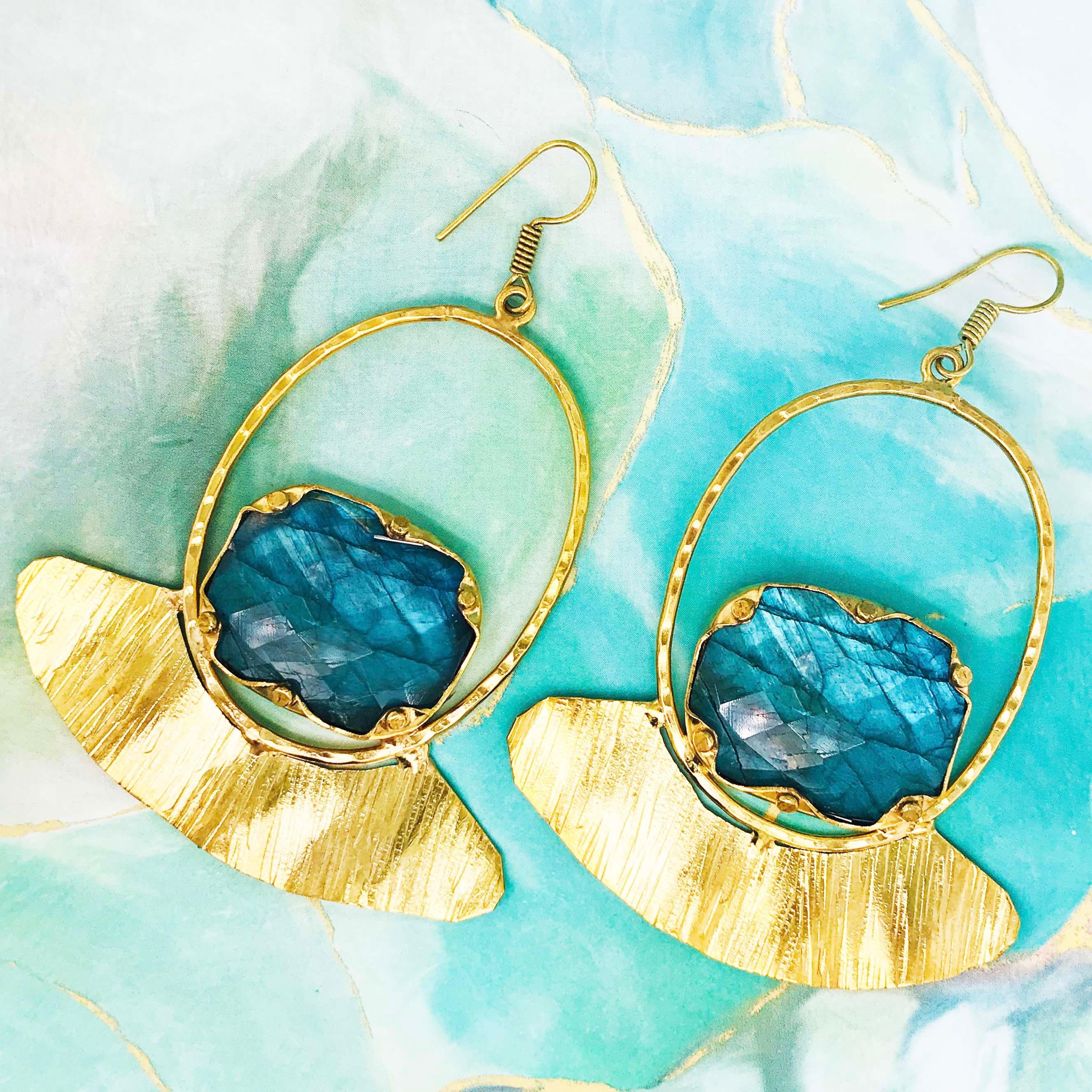 Artisan Custom Labradorite Gemstone Gold Earring Dangles with Gold Organic Design