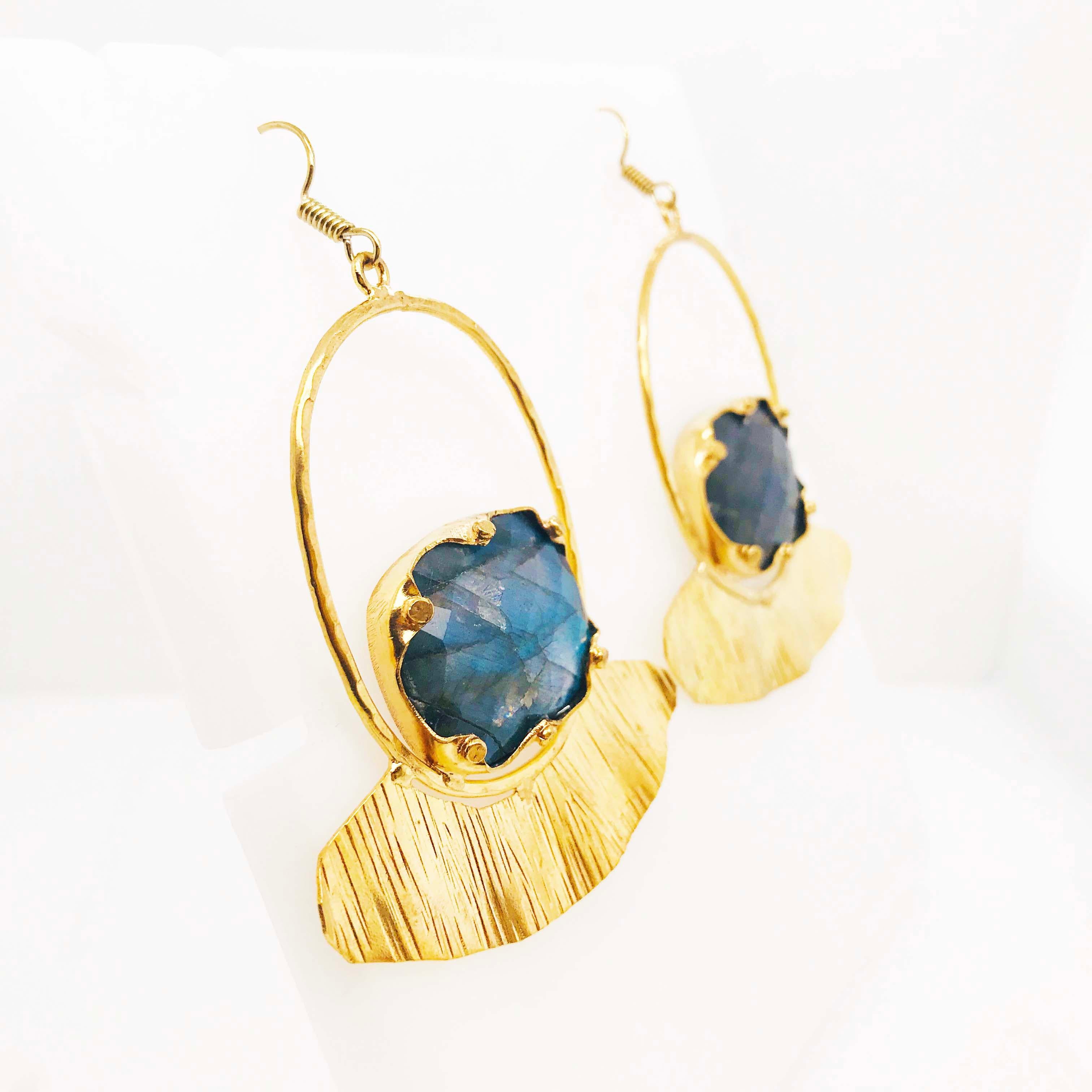 Custom Labradorite Gemstone Gold Earring Dangles with Gold Organic Design In New Condition In Austin, TX