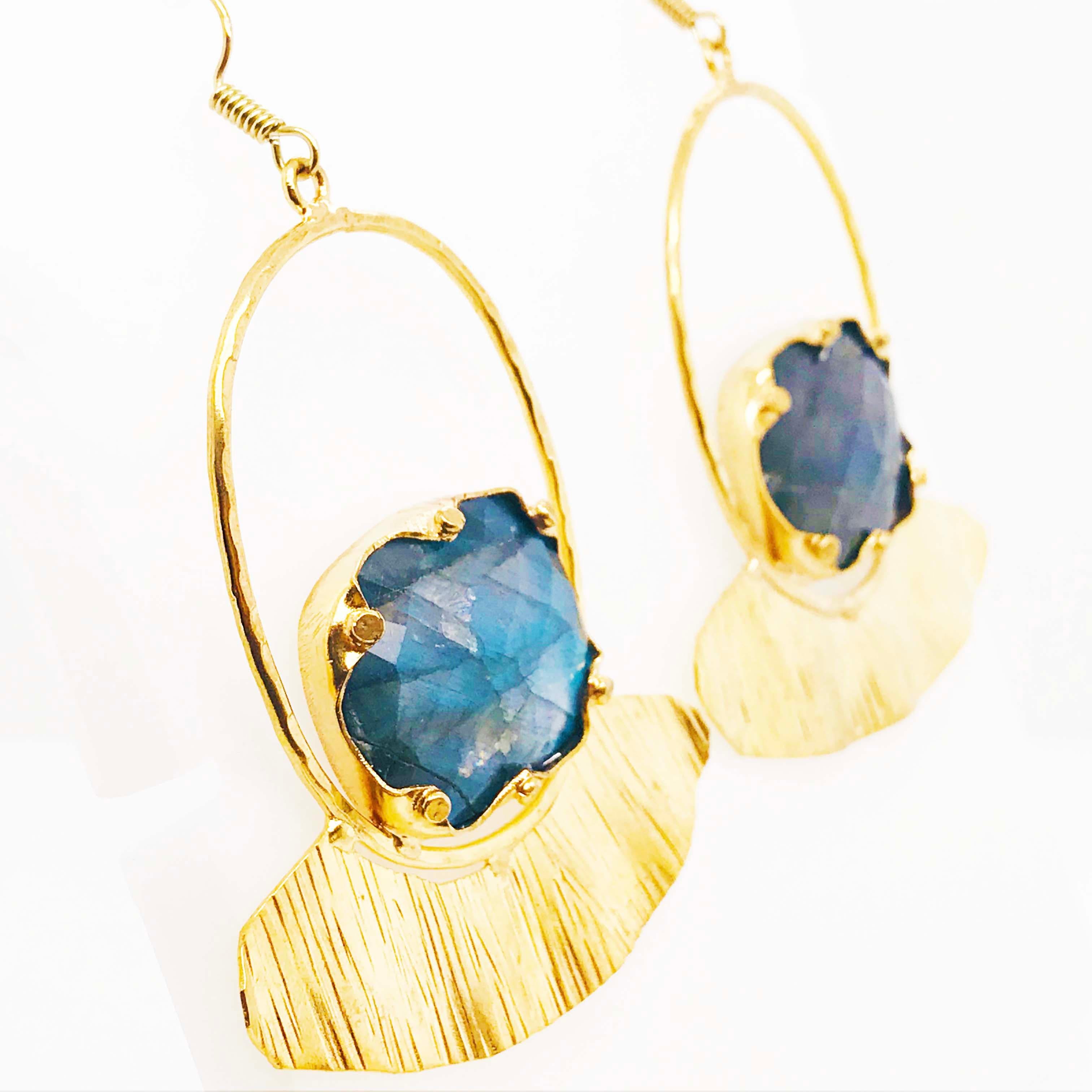 Women's Custom Labradorite Gemstone Gold Earring Dangles with Gold Organic Design
