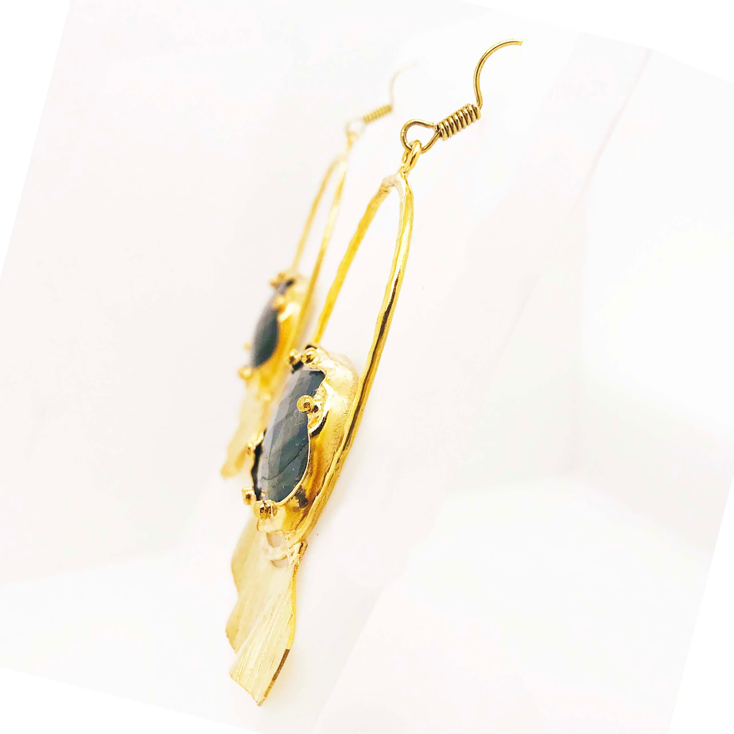 Custom Labradorite Gemstone Gold Earring Dangles with Gold Organic Design 1