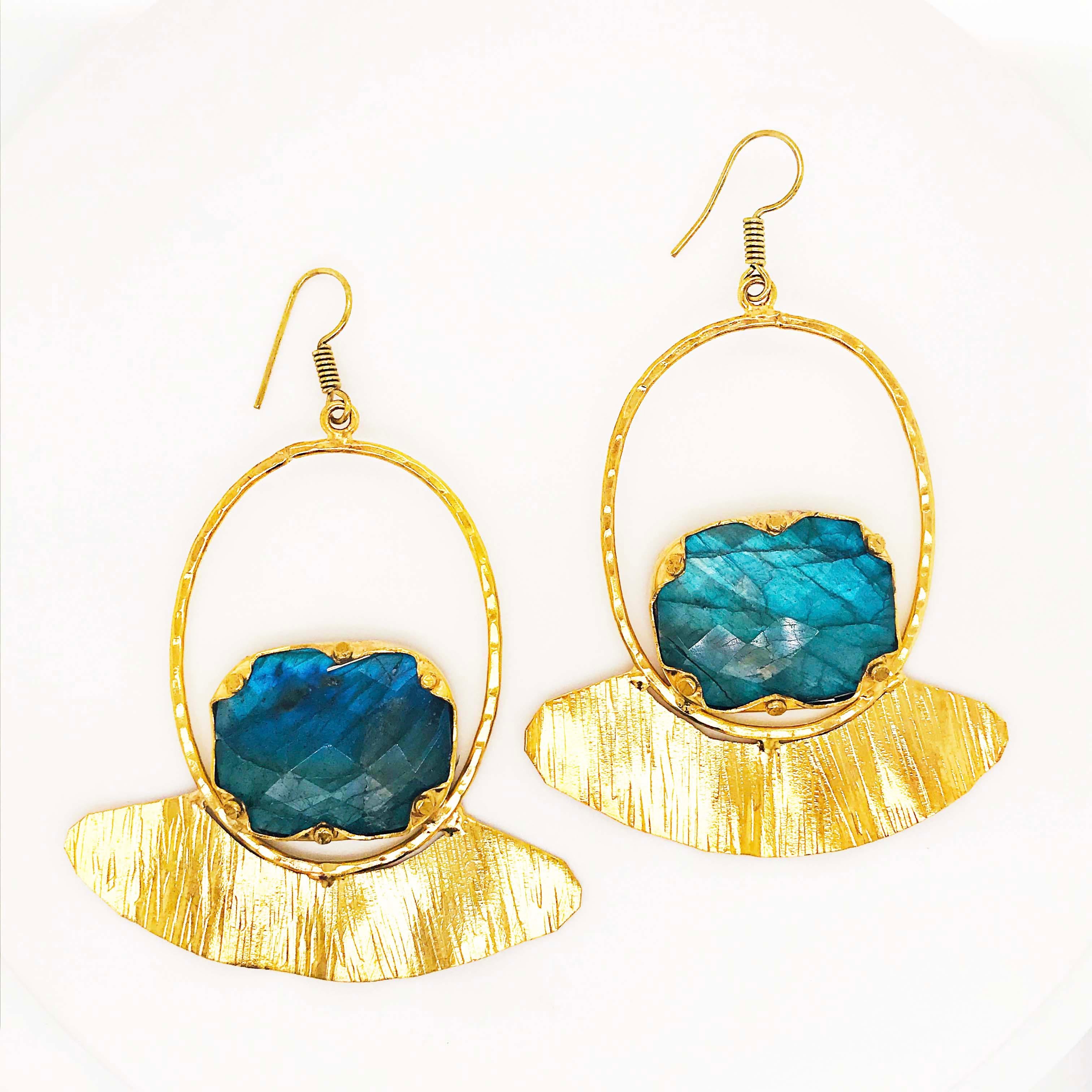 Custom Labradorite Gemstone Gold Earring Dangles with Gold Organic Design 2
