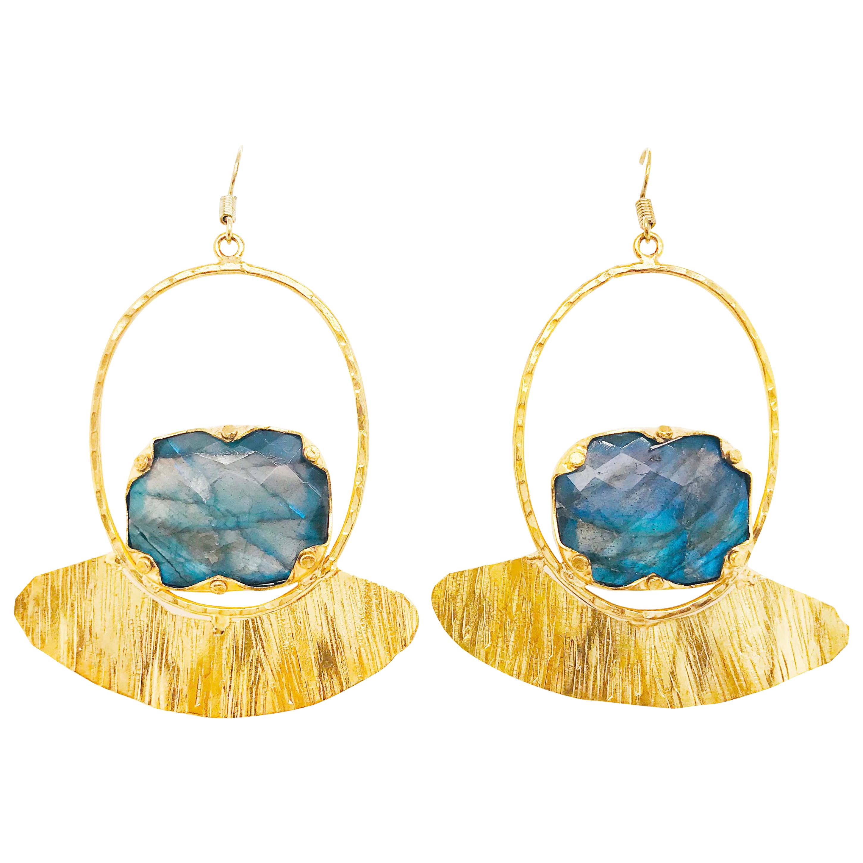 Custom Labradorite Gemstone Gold Earring Dangles with Gold Organic Design