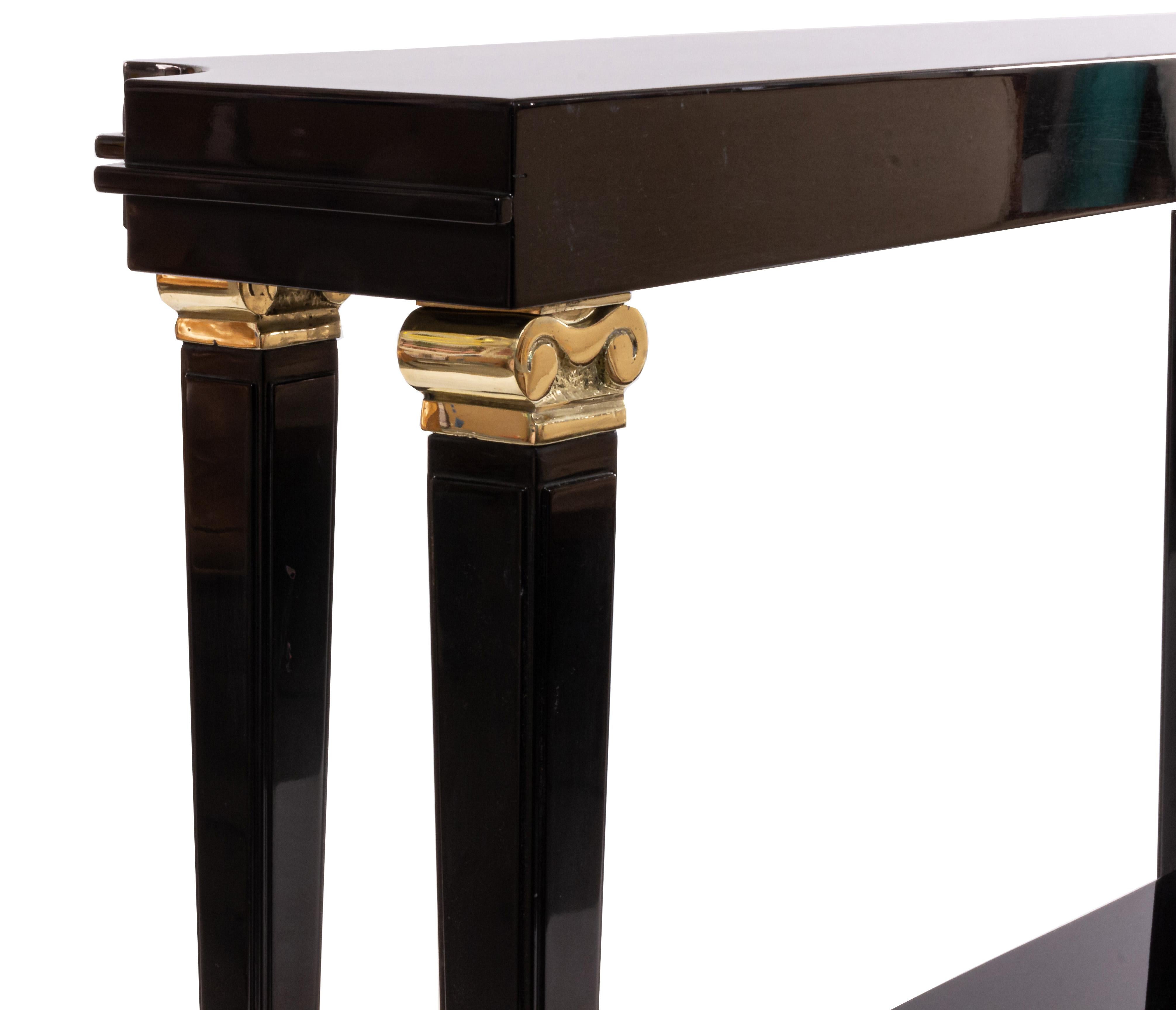 American Custom Lacquer Console Table in the Style of Lucien Rollin with Bronze Mounts For Sale