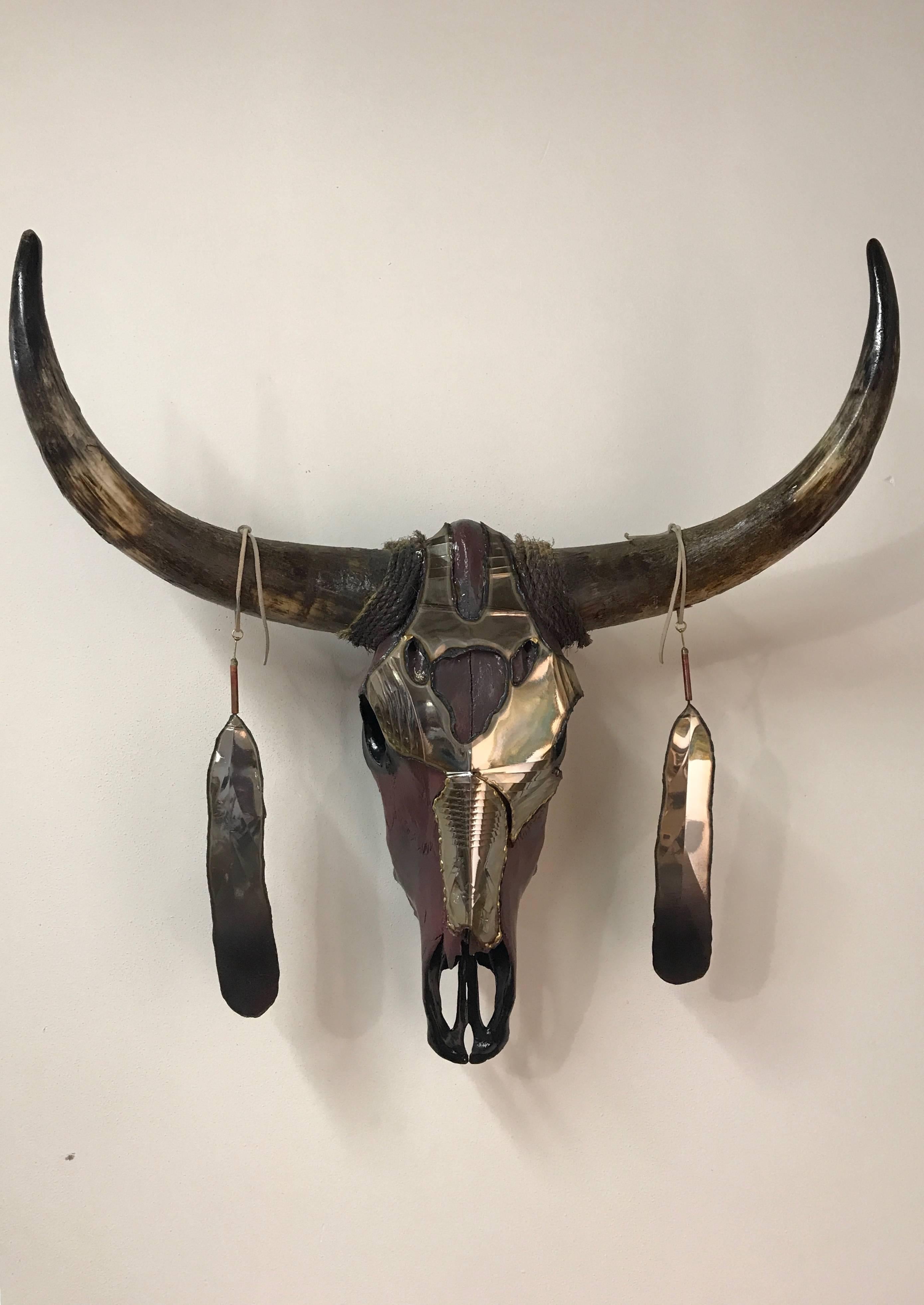 Custom Lacquered Bull Skull with Metal Armor and Feather Horn Accents 6