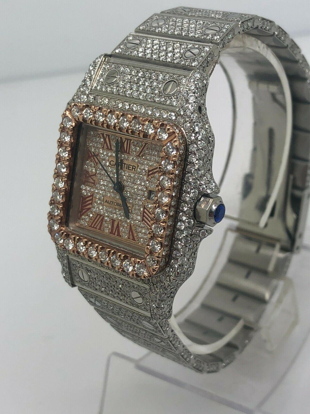 Ladies Cartier Santos 100 Two Tone rose gold/ss

!! WE HAVE EXTRA LINKS AVAILABLE!! 

15 carats of collection quality diamonds

watch runs perfect!!

This watch is 100% original Cartier 

Watch was upgraded by adding diamonds by a professional