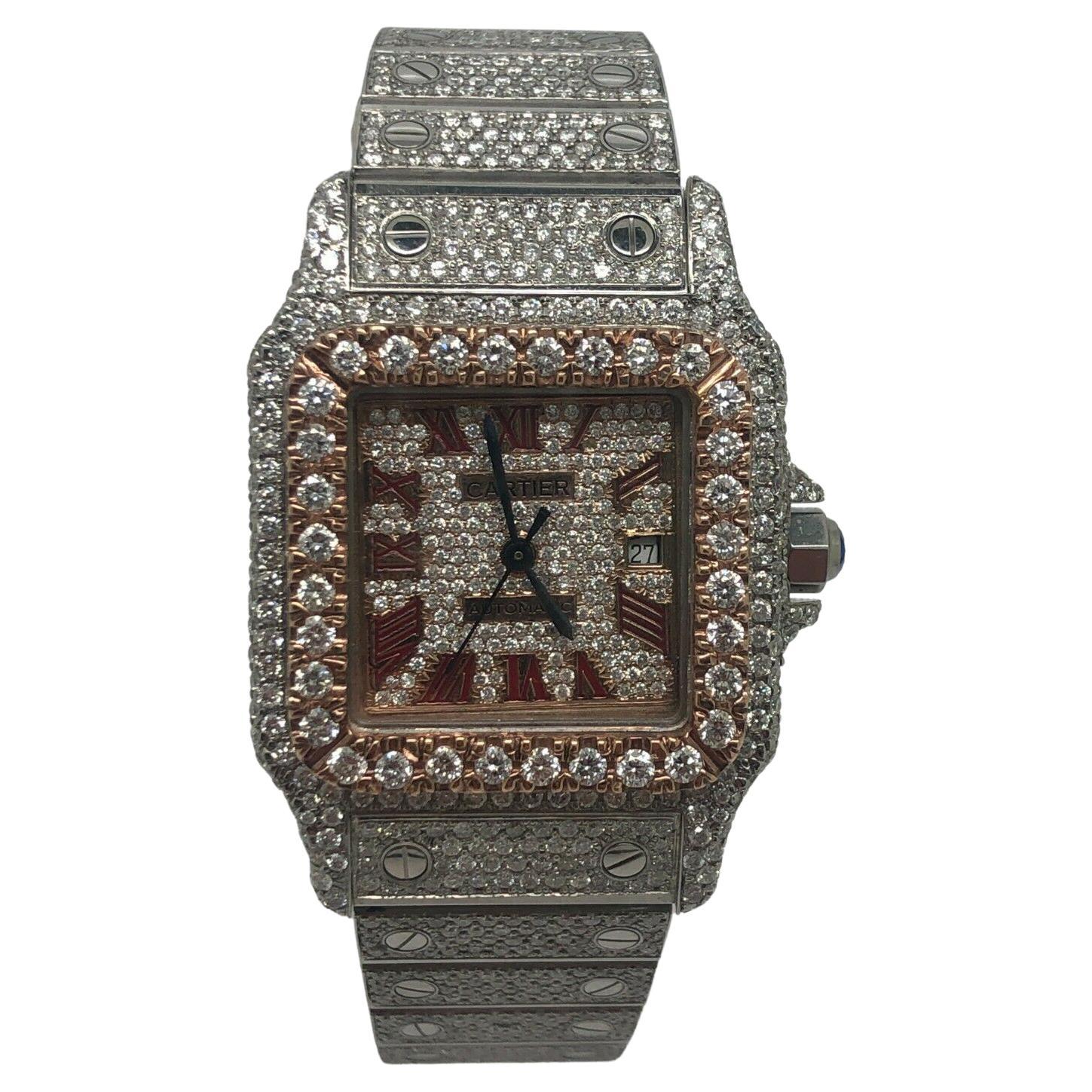 Custom Ladies Cartier Santos Iced Out Two Tone Rose Gold Watch