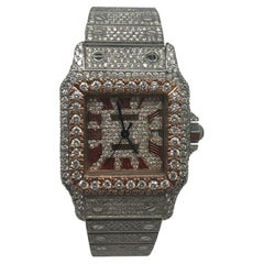 Custom Ladies Cartier Santos Iced Out Two Tone Rose Gold Watch