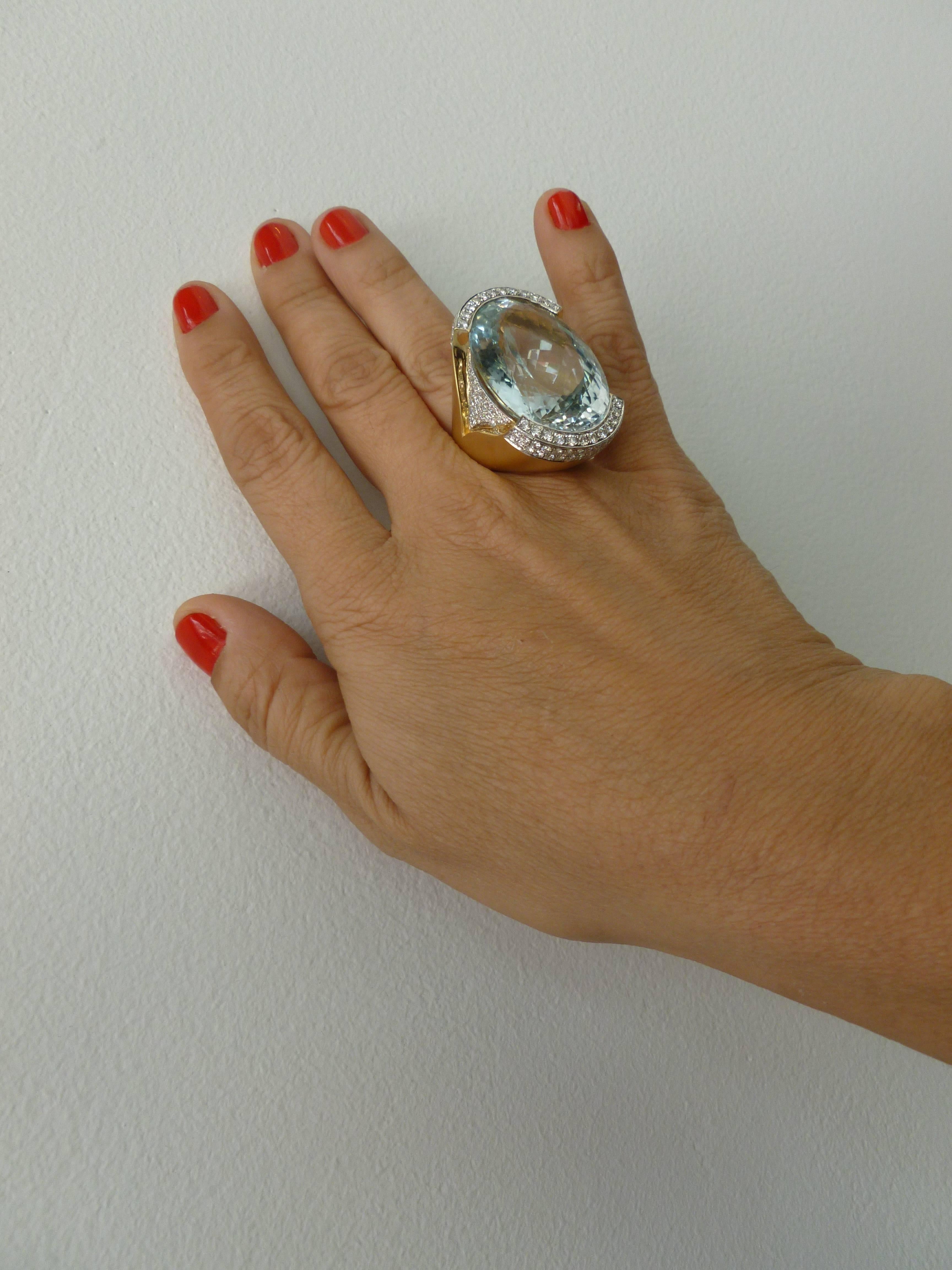 Custom Large Aquamarine and Diamond & 18 Karat Gold Cocktail Ring / SALE For Sale 6