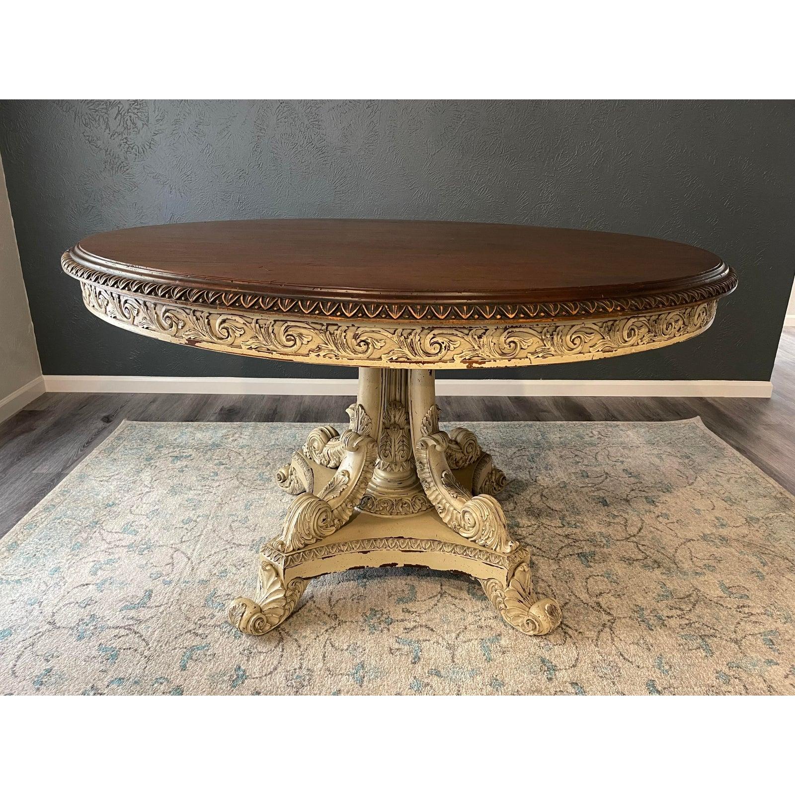 A magnificent custom made hand carved distressed painted cream rustic modern farm house chic round high-top dining table (bar counter height / pub height) by American maker Paradigm Furniture Design.

The rare, one-of-a-kind masterpiece handmade in