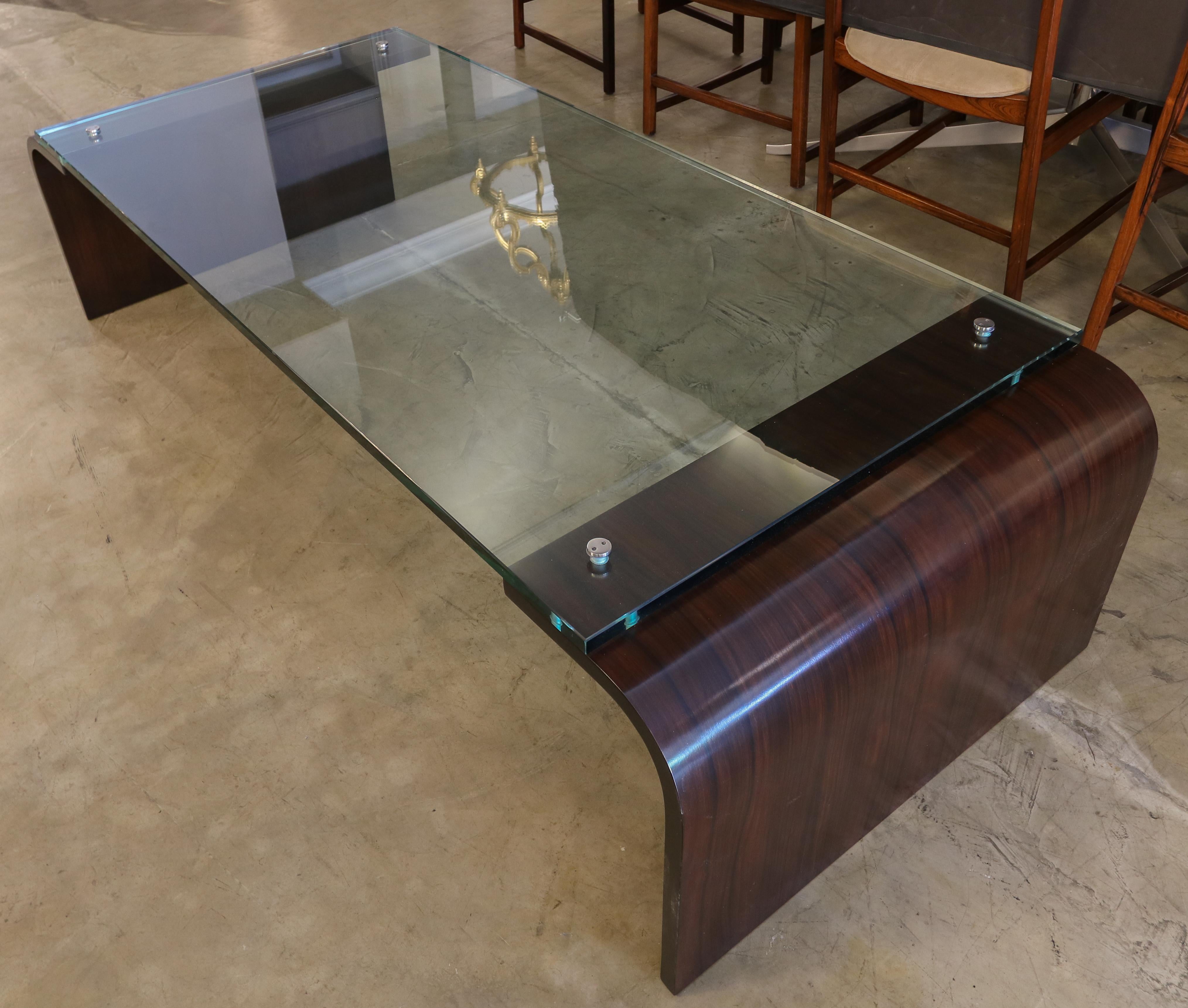 Mid-Century Modern Custom Large Rectangular Rosewood and Glass Coffee Table by Adesso Imports For Sale