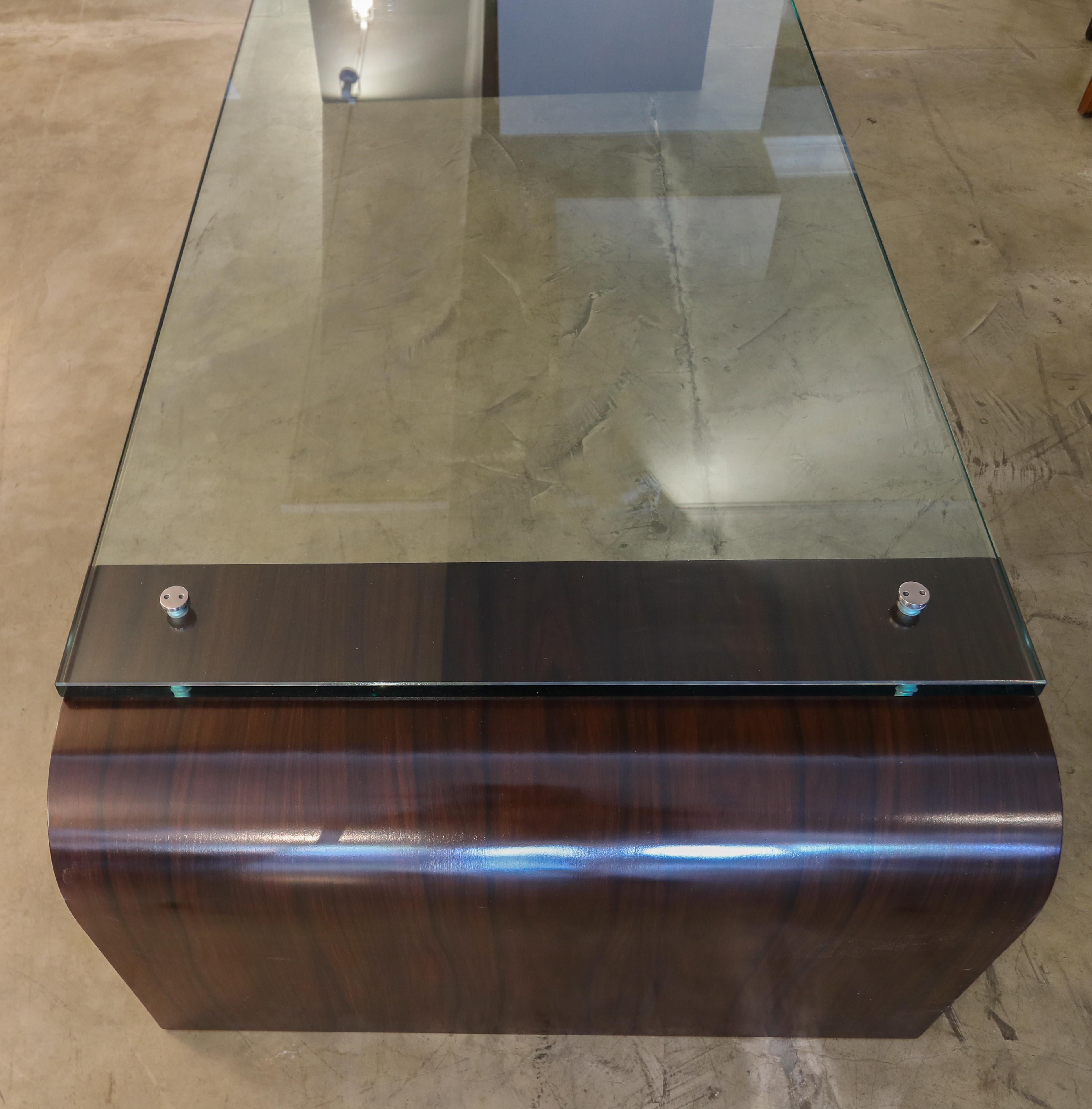 American Custom Large Rectangular Rosewood and Glass Coffee Table by Adesso Imports For Sale
