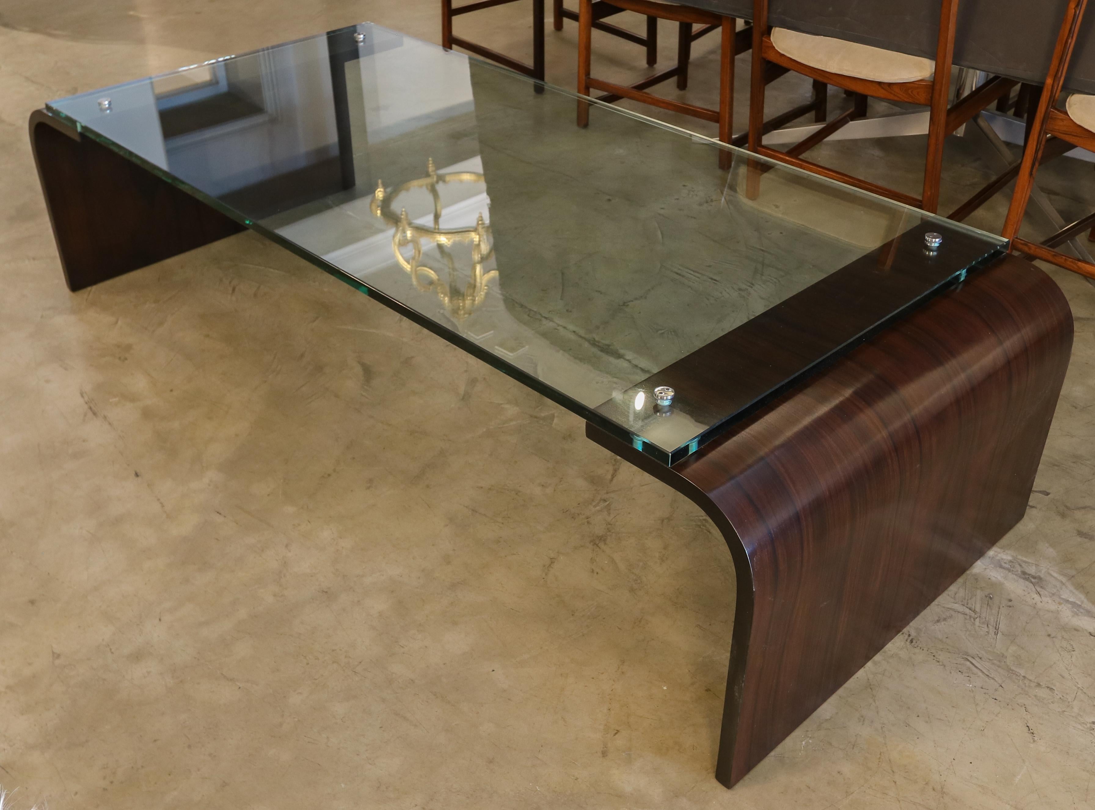 Custom Large Rectangular Rosewood and Glass Coffee Table by Adesso Imports In New Condition For Sale In Los Angeles, CA