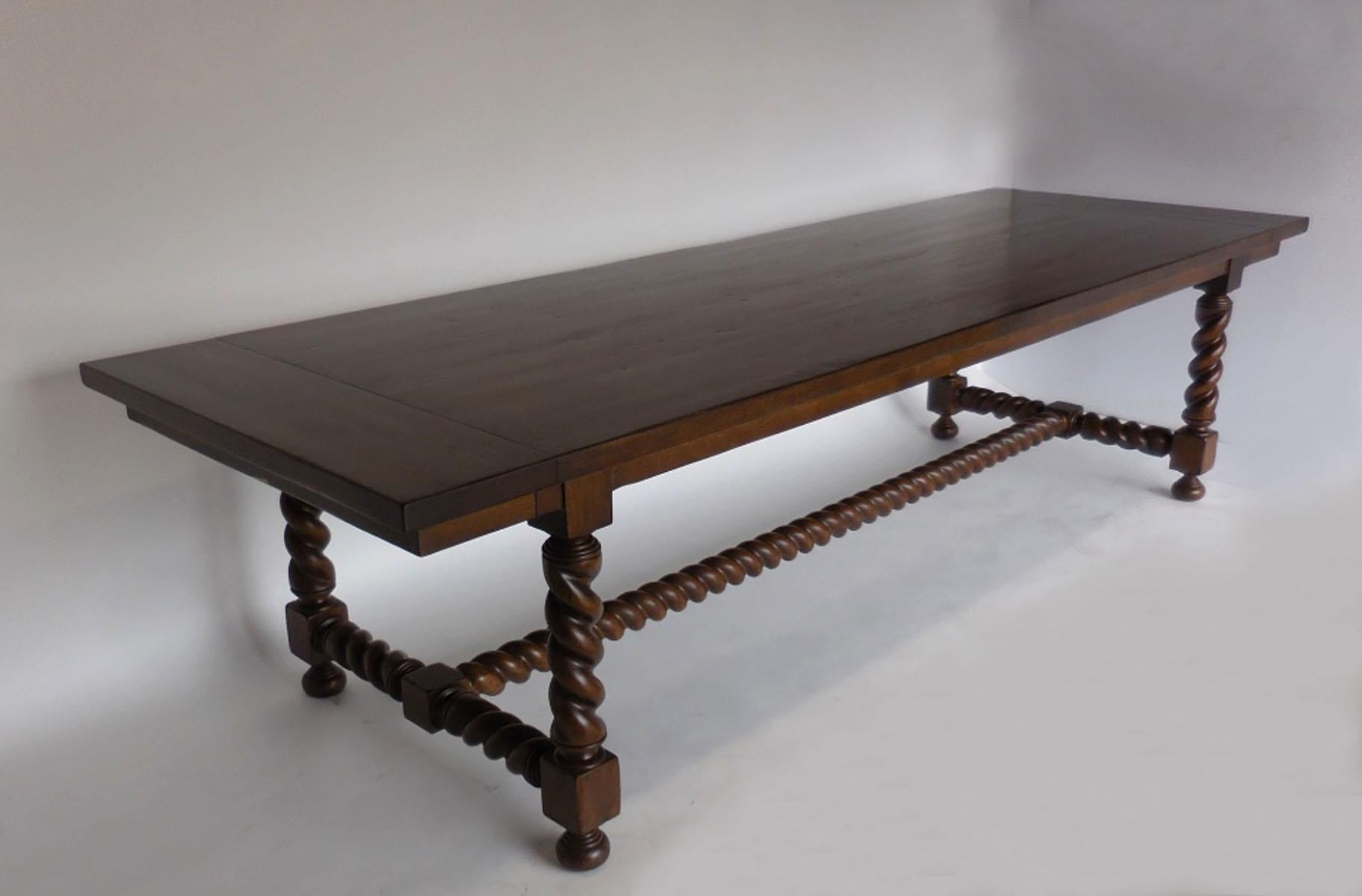 Spanish Colonial Custom Large Scale Barley Twist Dining Table with Leaves by Dos Gallos Studio For Sale