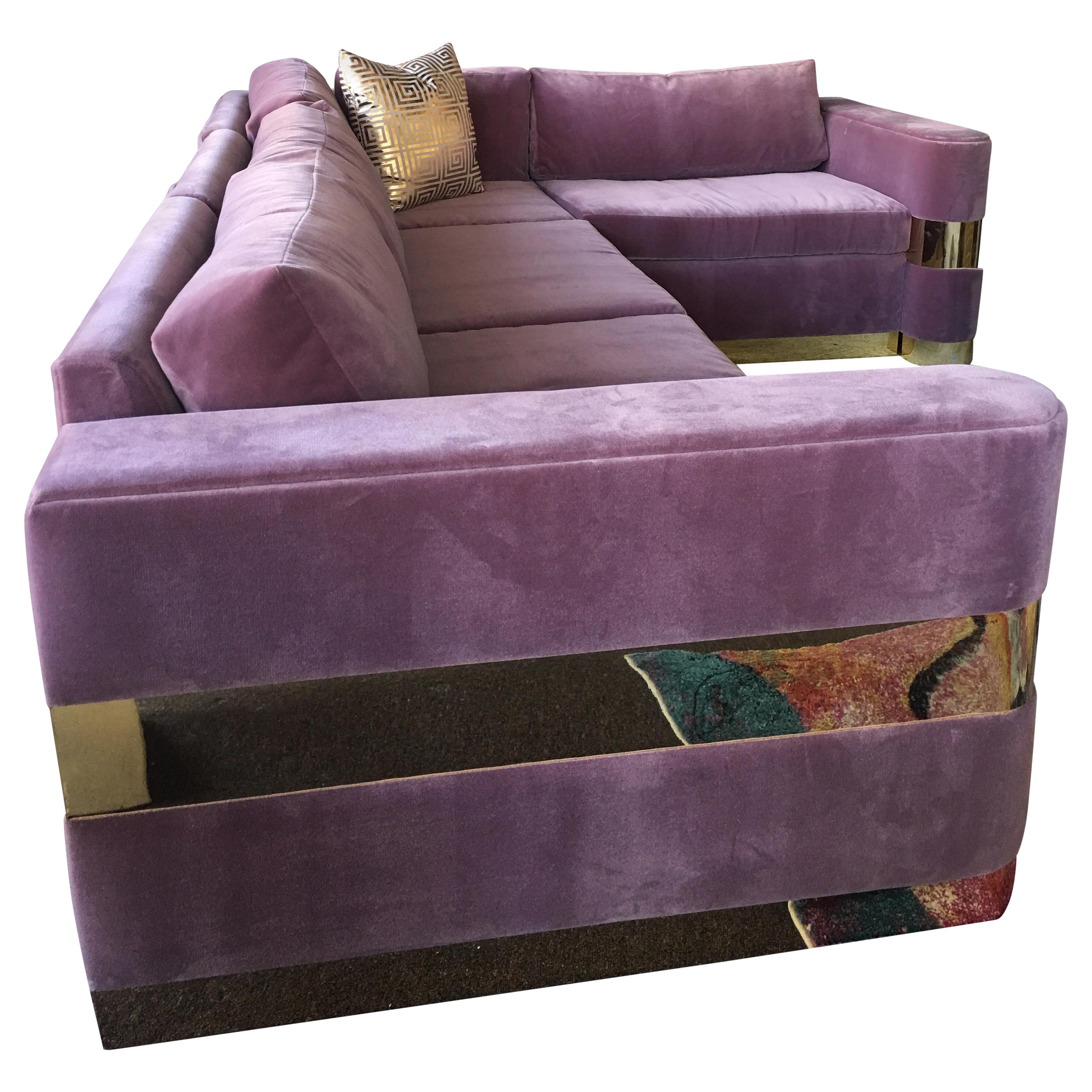 Custom Lavender Mohair and Brass Four-Piece Sectional from Hollywood TV Series