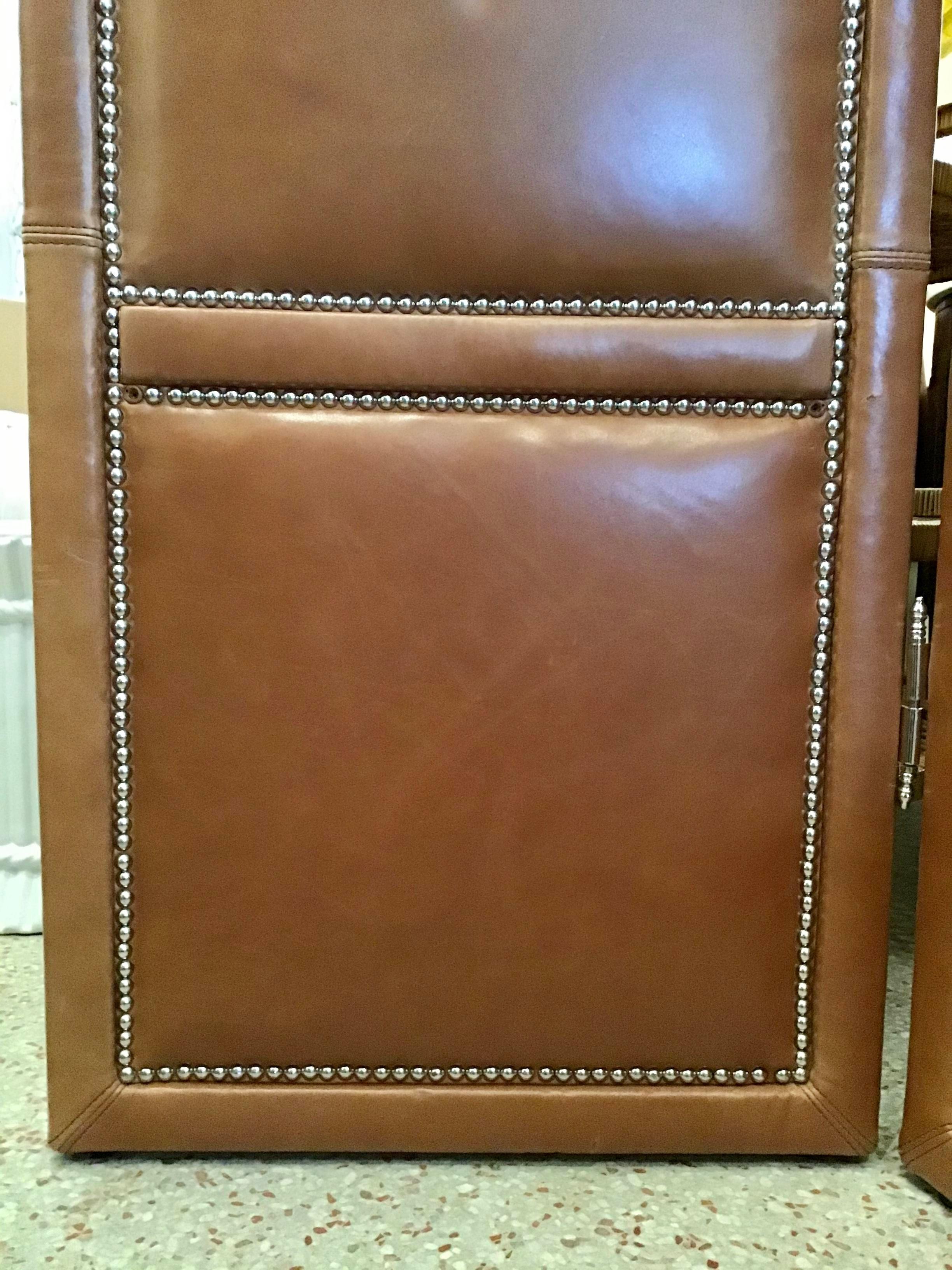 Custom Leather 3 Panel Large Folding Screen with Chrome Nailheads In Fair Condition For Sale In Los Angeles, CA