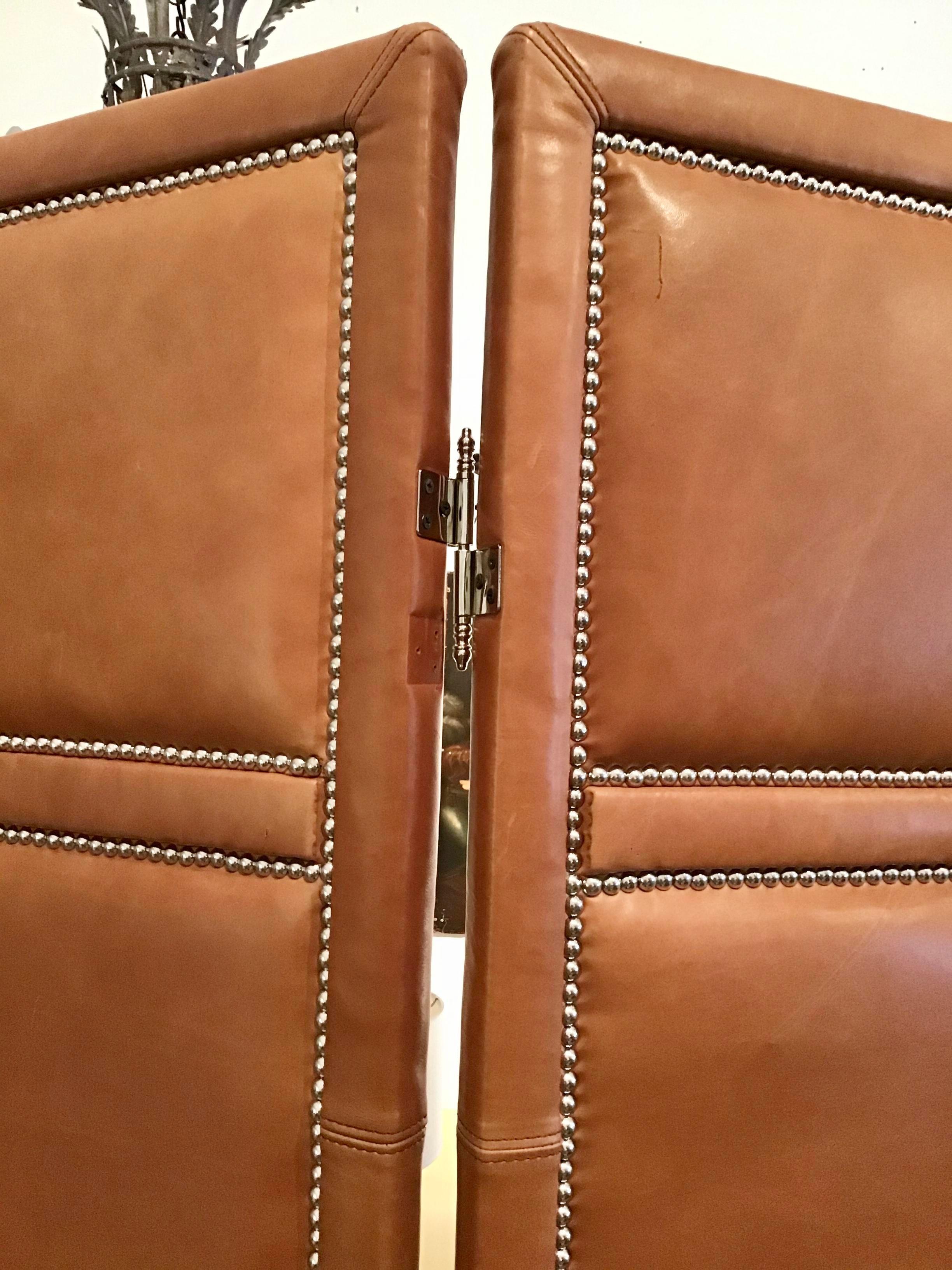 Custom Leather 3 Panel Large Folding Screen with Chrome Nailheads For Sale 1