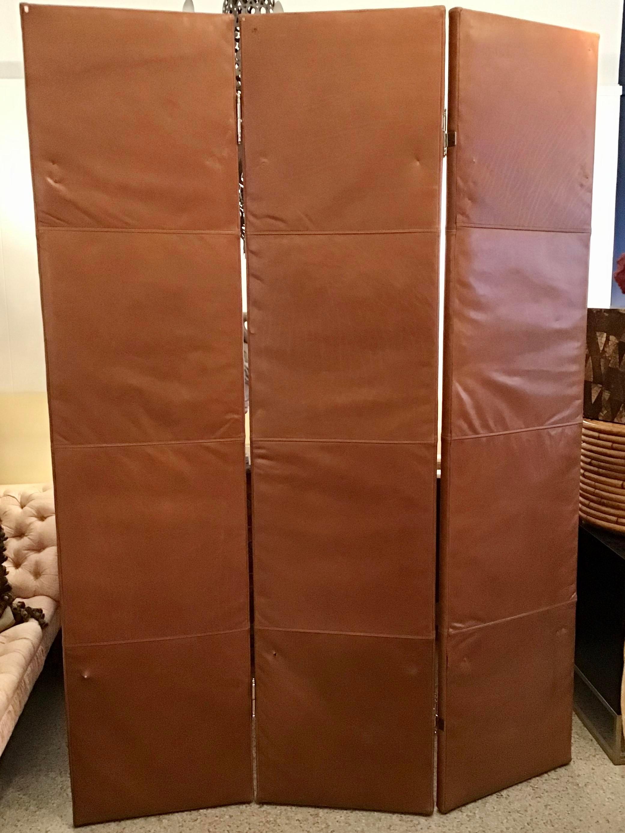 Custom Leather 3 Panel Large Folding Screen with Chrome Nailheads For Sale 2