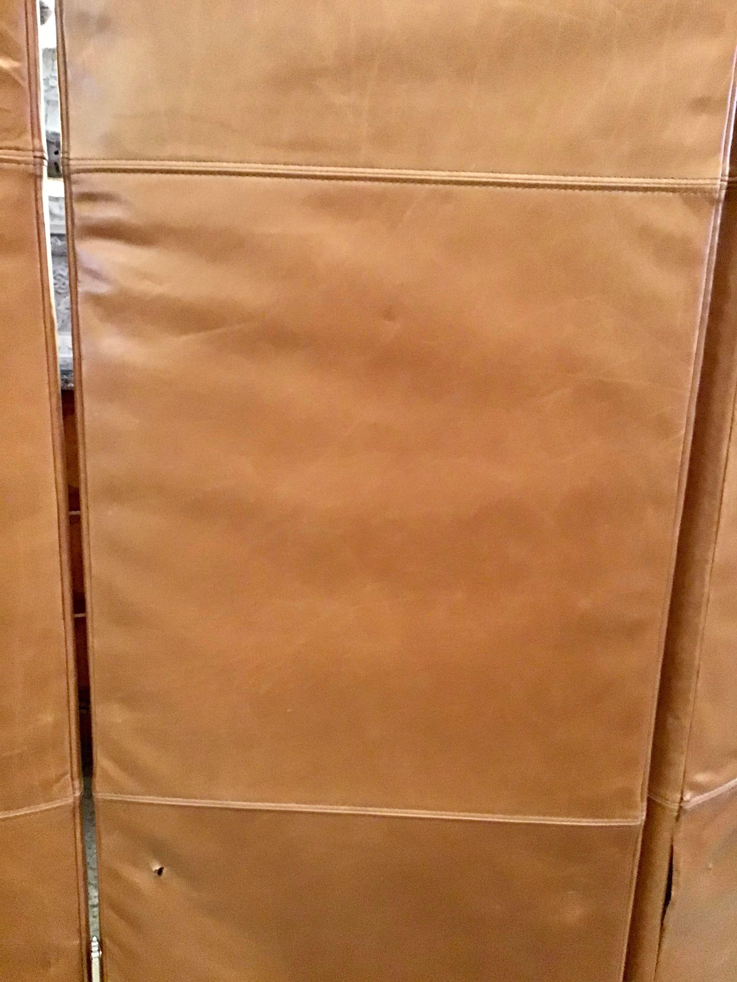 Custom Leather 3 Panel Large Folding Screen with Chrome Nailheads For Sale 3