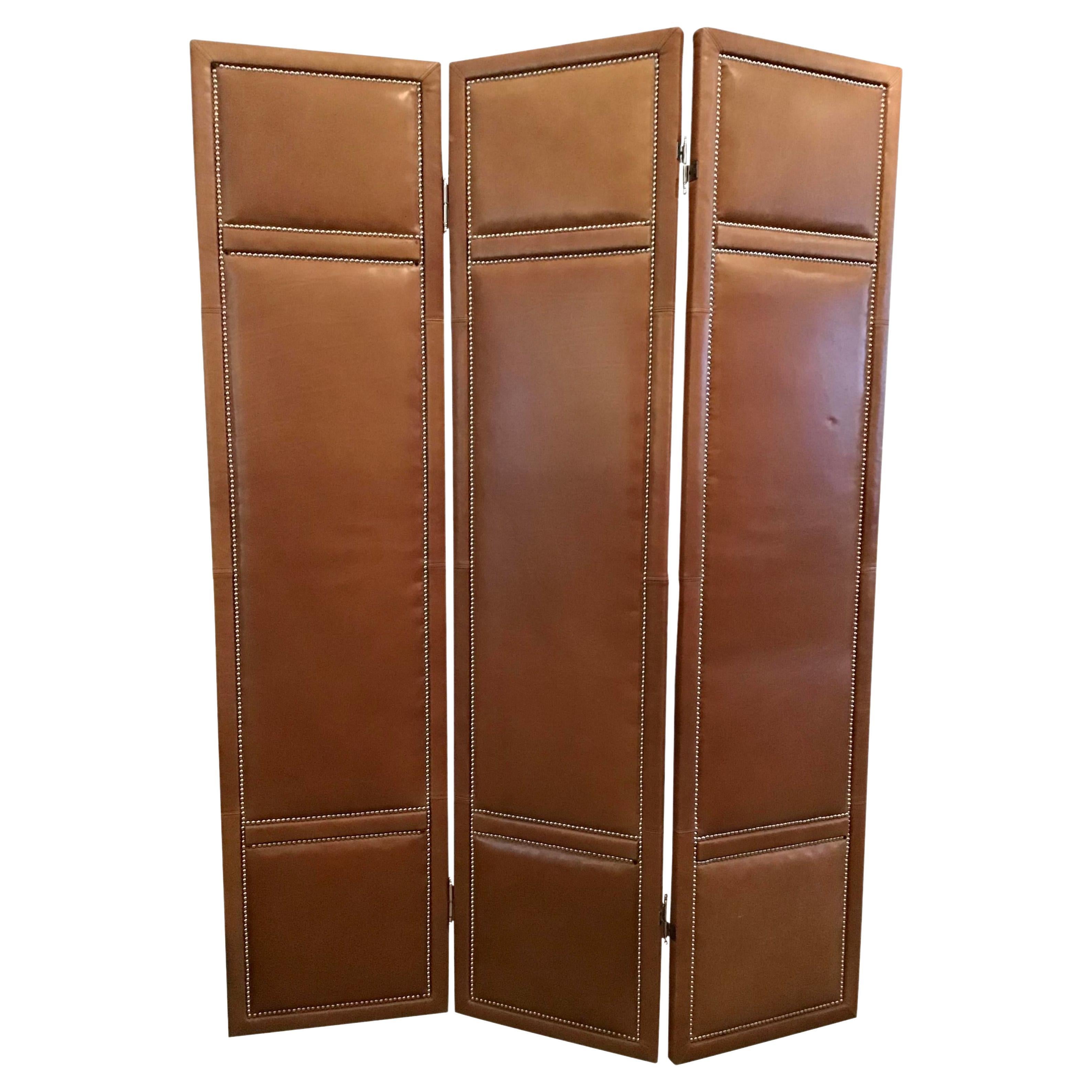 Custom Leather 3 Panel Large Folding Screen with Chrome Nailheads