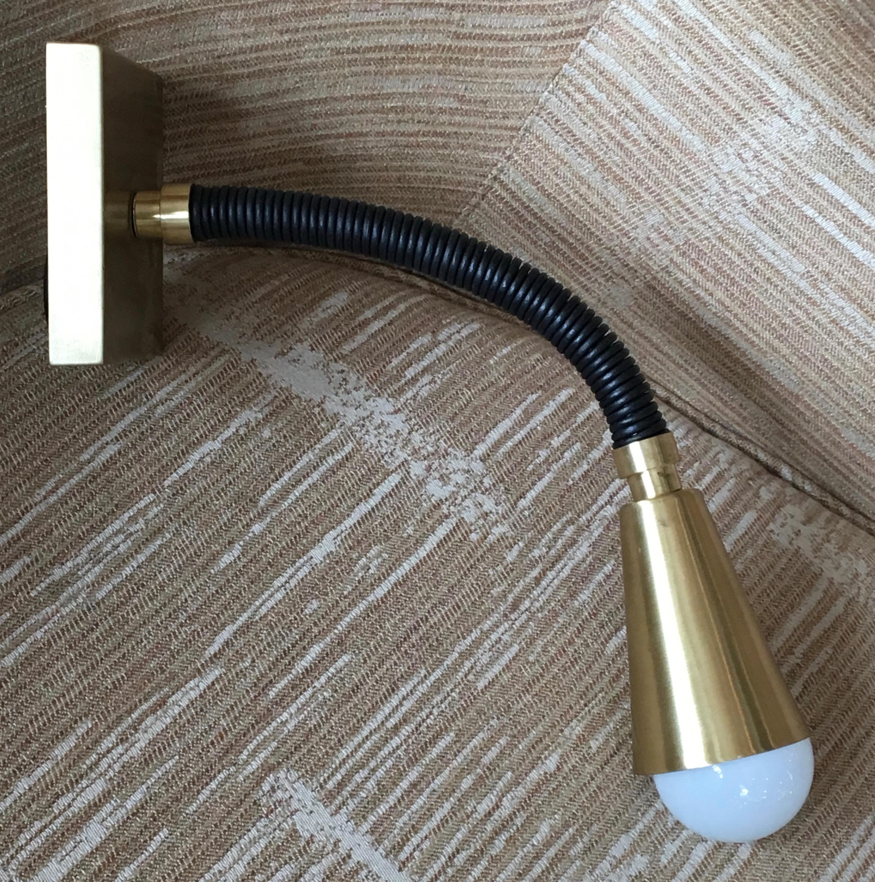 American Meander Single Sconce, Custom Leather and Brass Wall Light with Adjustable Arm For Sale