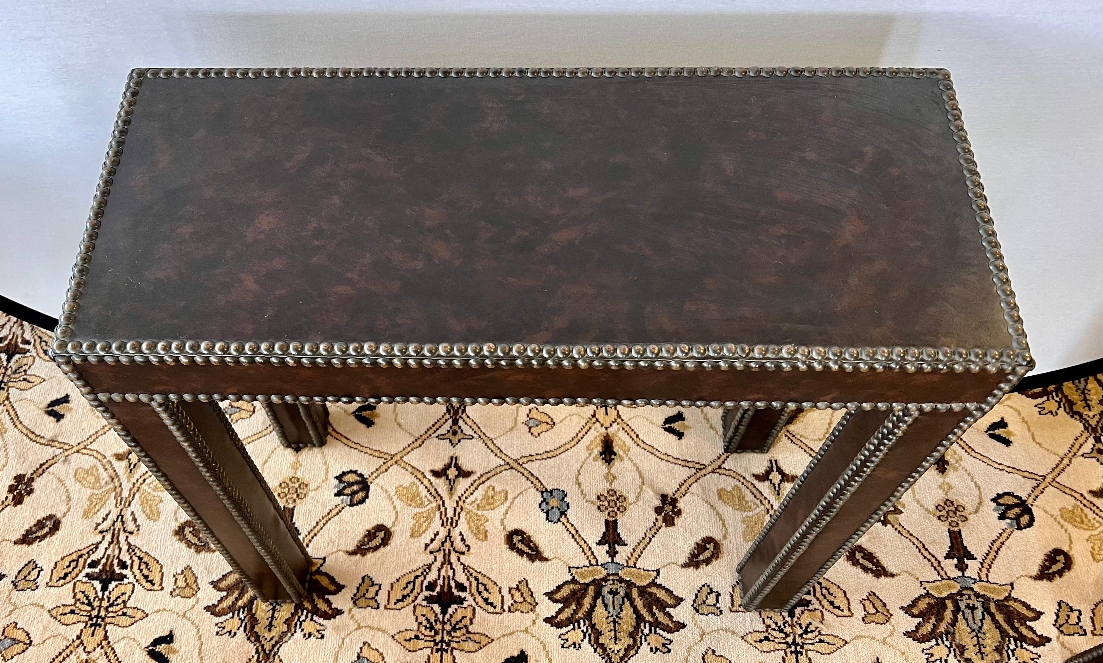 Custom Leather Wrapped Console Tables with Nailheads, a Pair In Good Condition For Sale In West Hartford, CT