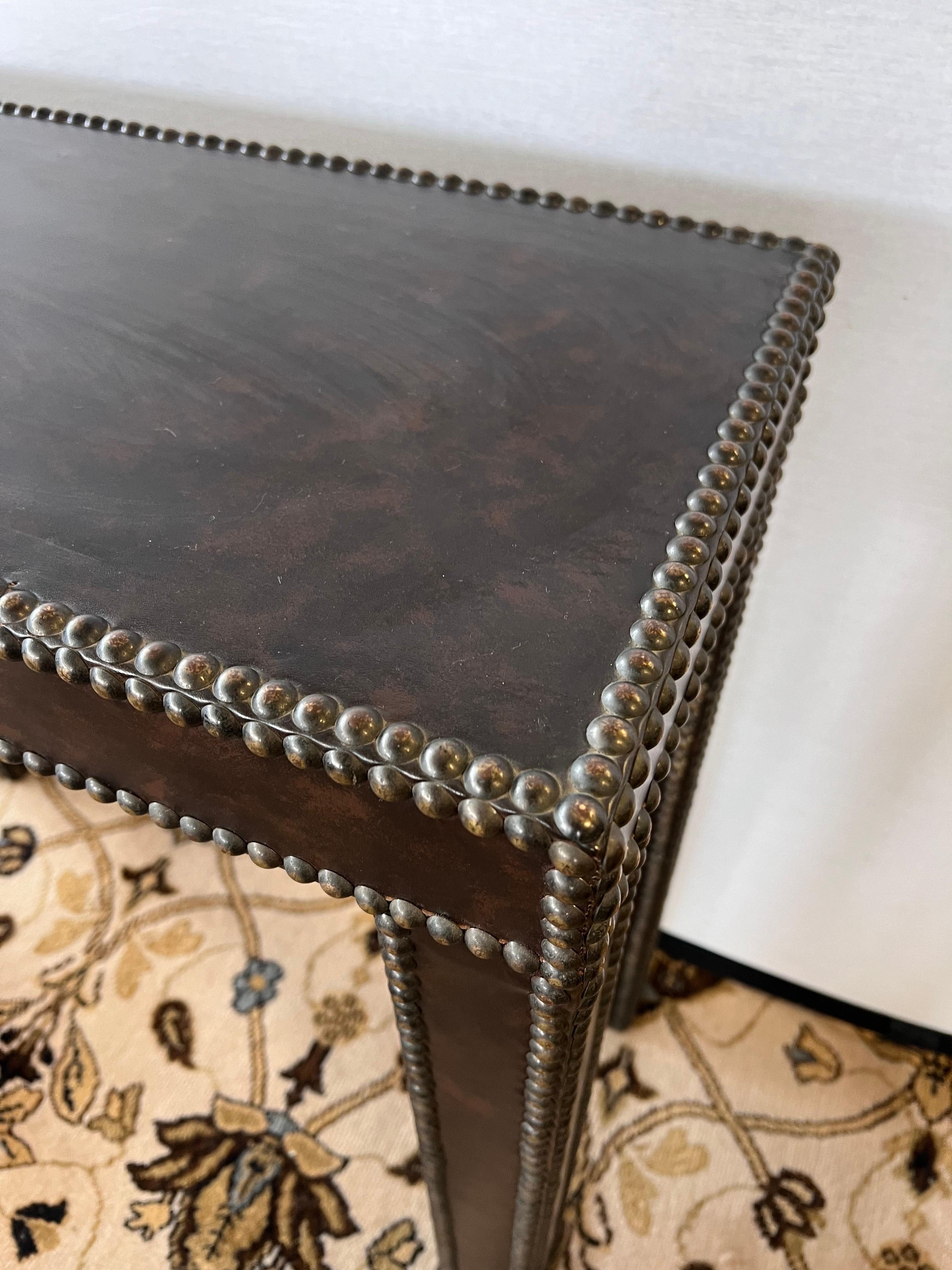 Contemporary Custom Leather Wrapped Console Tables with Nailheads, a Pair For Sale
