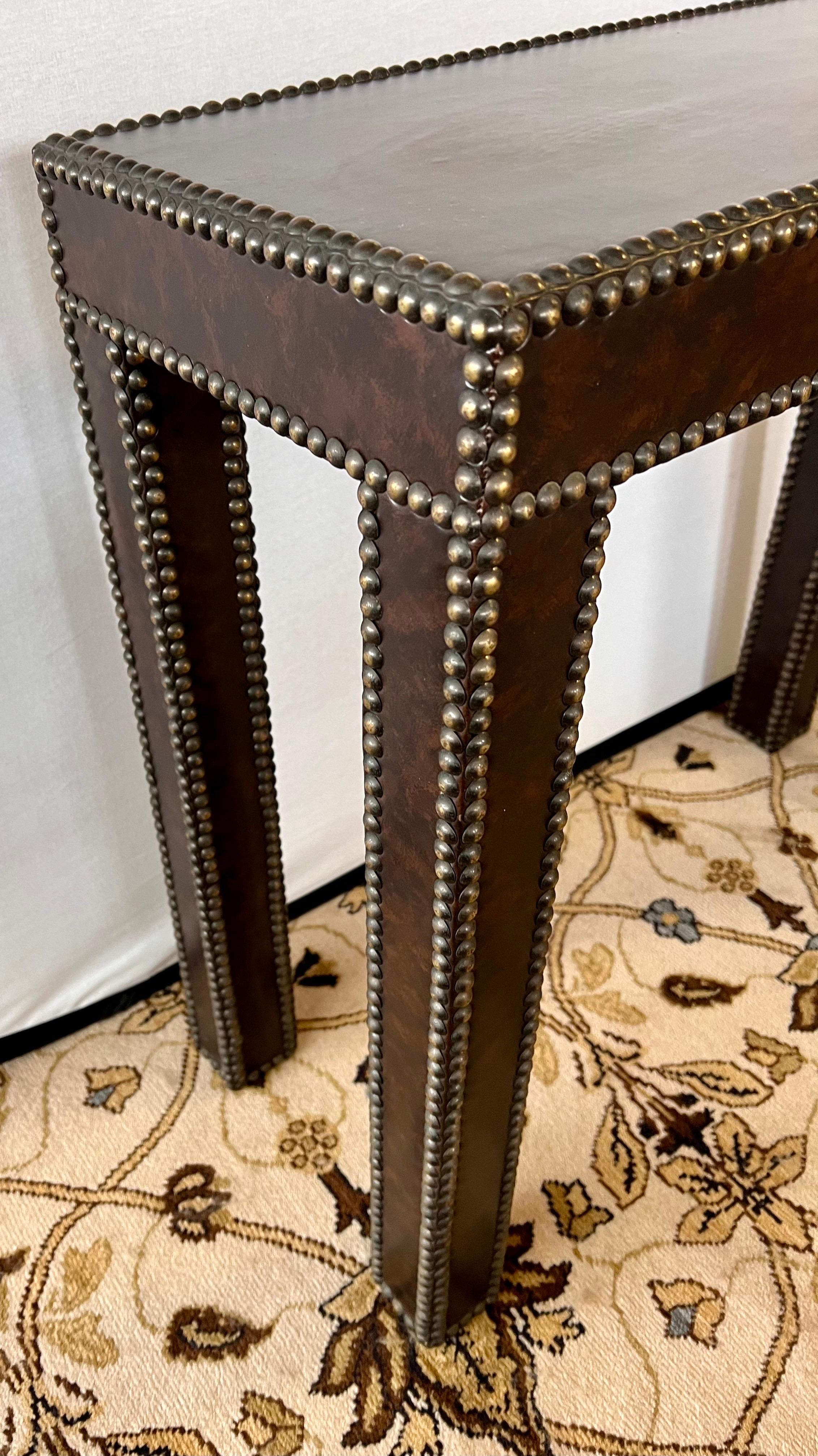 Metal Custom Leather Wrapped Console Tables with Nailheads, a Pair For Sale