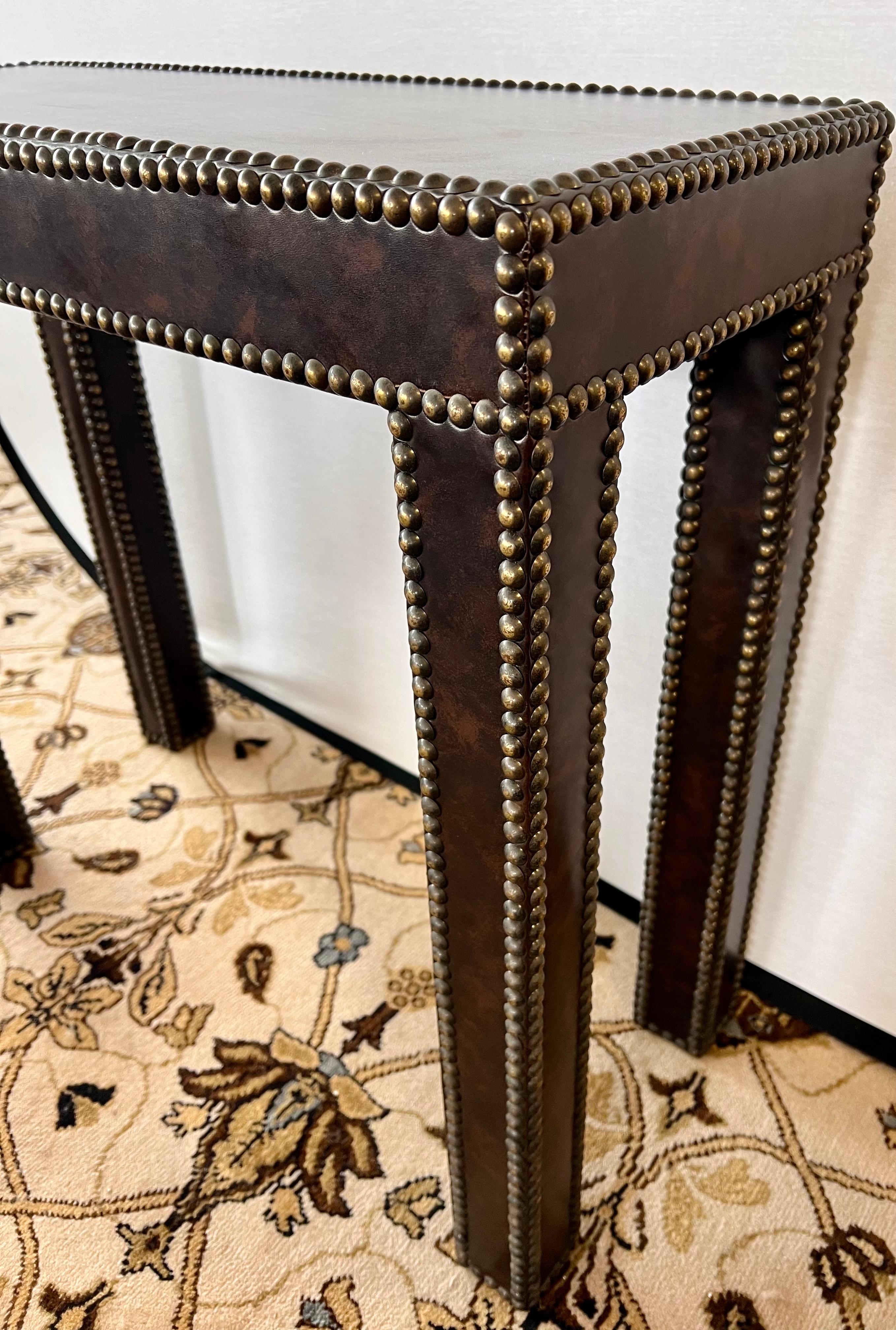 Custom Leather Wrapped Console Tables with Nailheads, a Pair For Sale 1