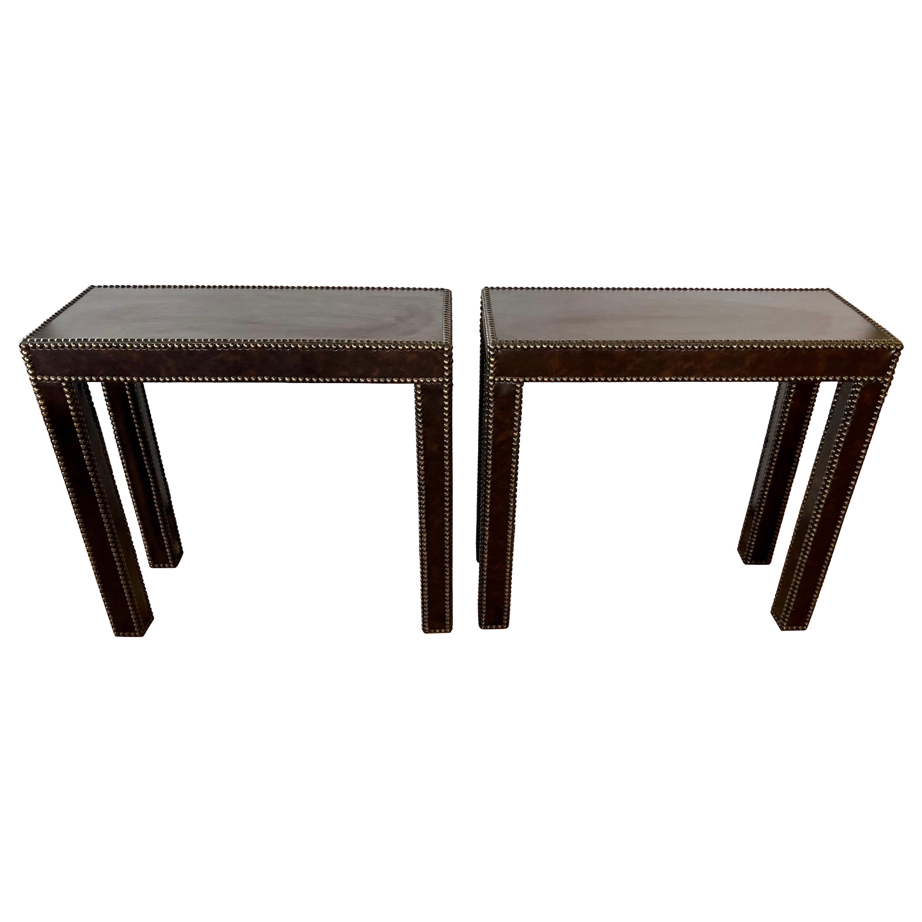 Custom Leather Wrapped Console Tables with Nailheads, a Pair