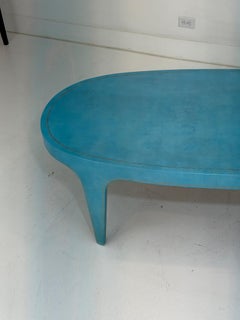Custom Leather-Wrapped Oval Cocktail Table in Turquoise Blue with Gold Embossing