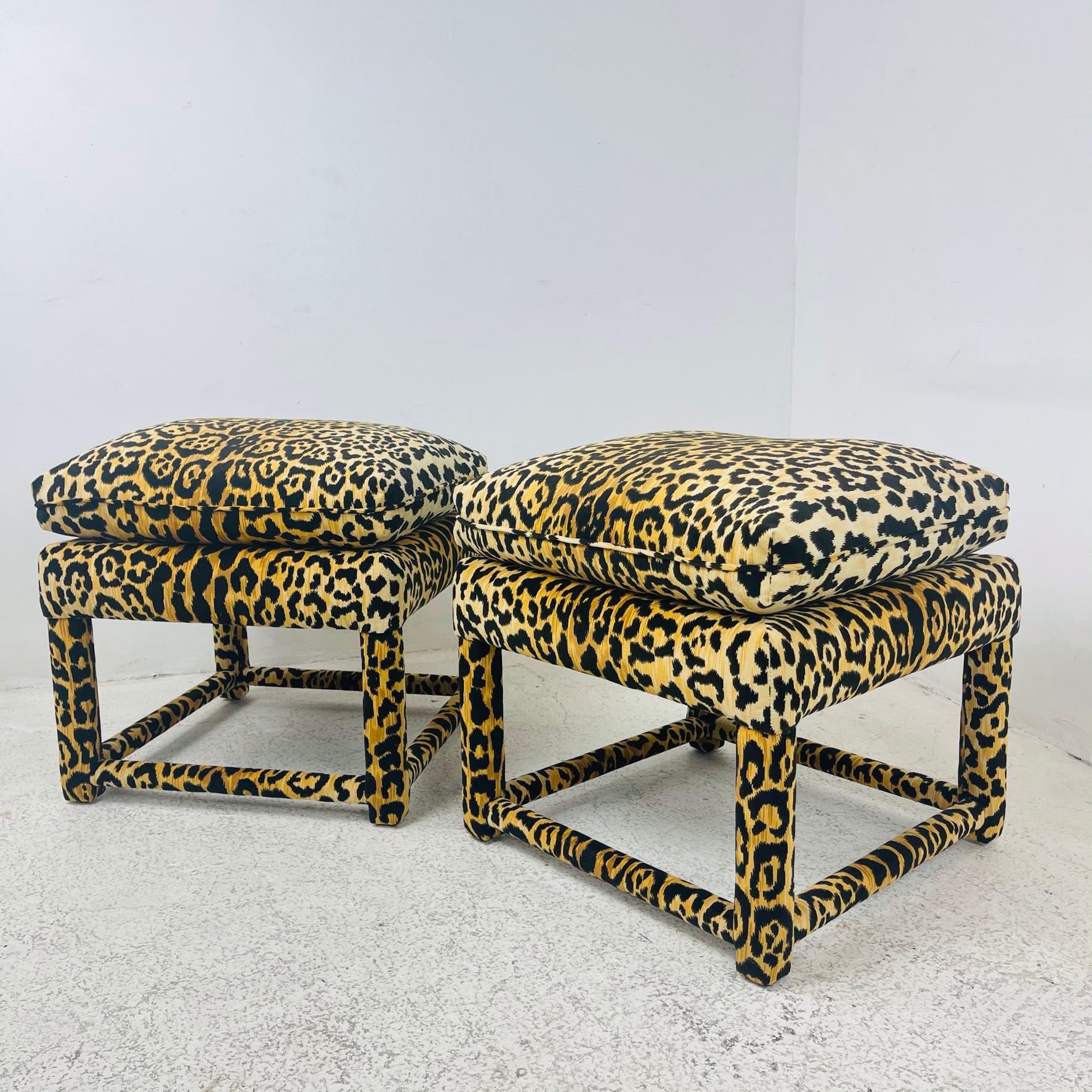North American Custom Leopard Parsons Style Ottoman For Sale