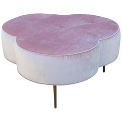 Custom Light Pink Velvet Trefoil Ottoman with Brass Legs