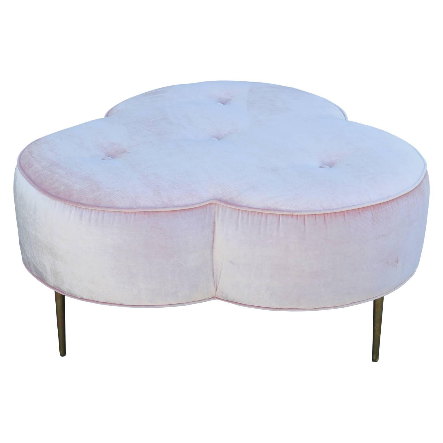 Custom Light Pink Velvet Trefoil Ottoman with Brass Legs