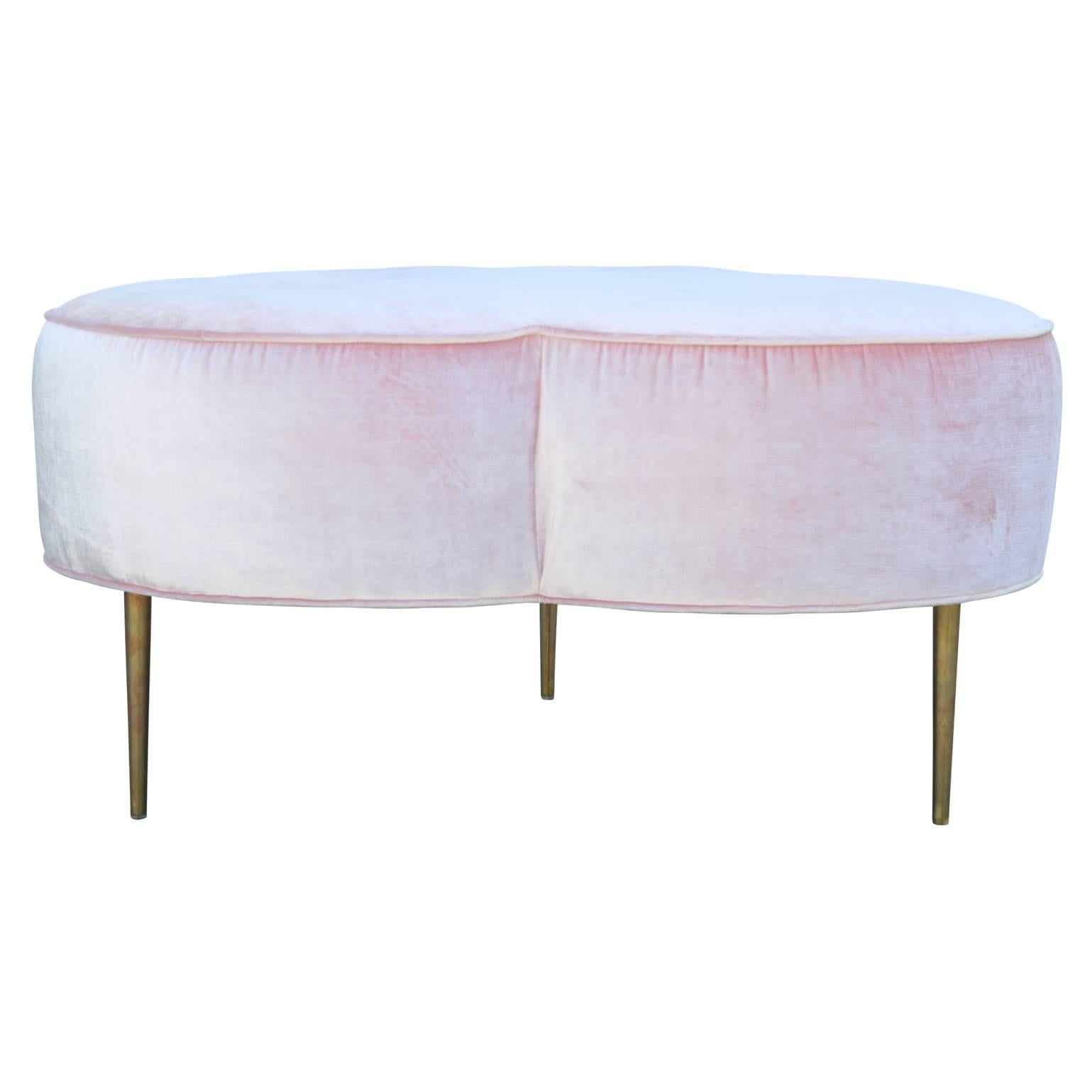 Hollywood Regency Custom Light Pink Velvet Trefoil Ottoman with Brass Legs