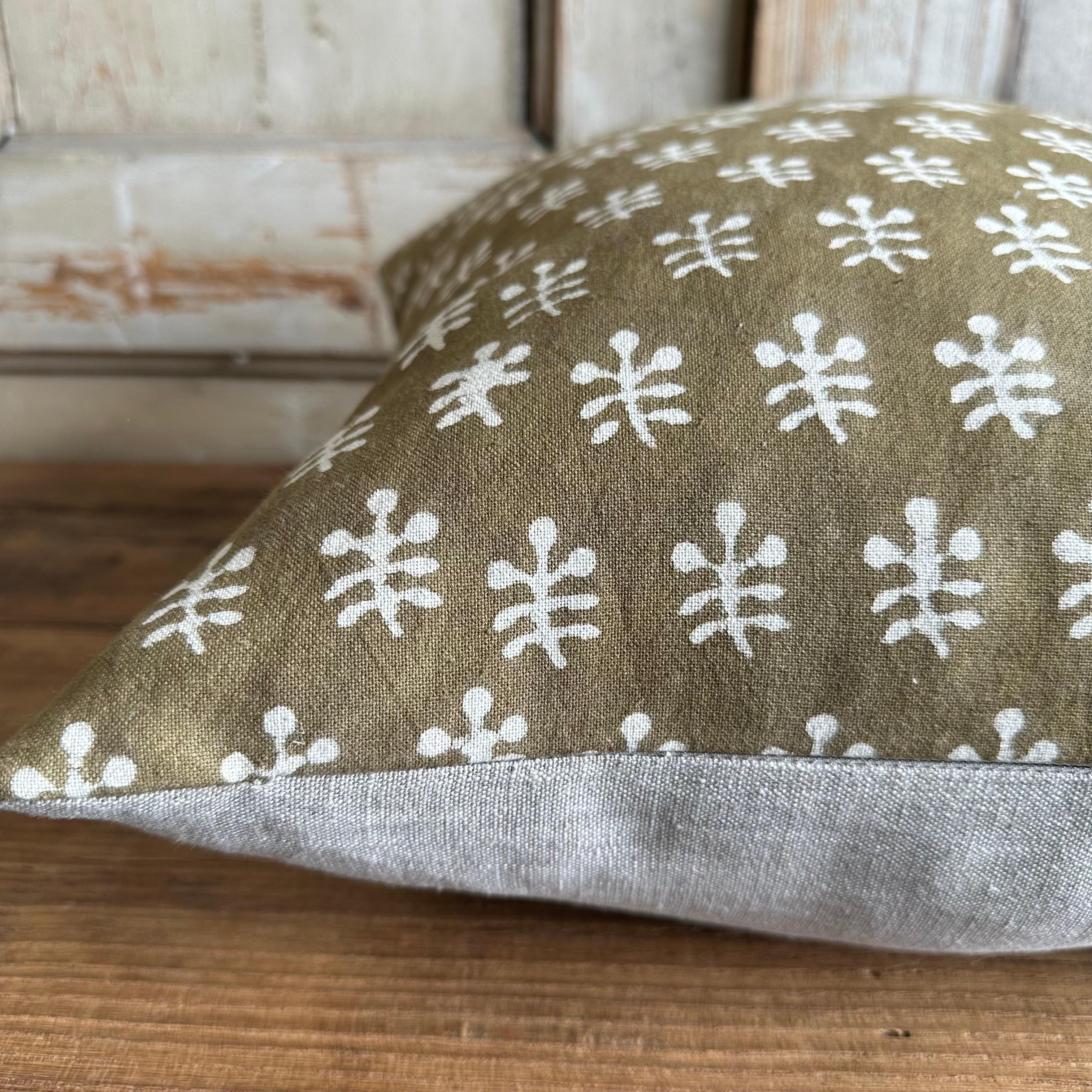 Hand-Crafted Custom Linen and Cotton Printed Accent Pillow with Down Insert For Sale