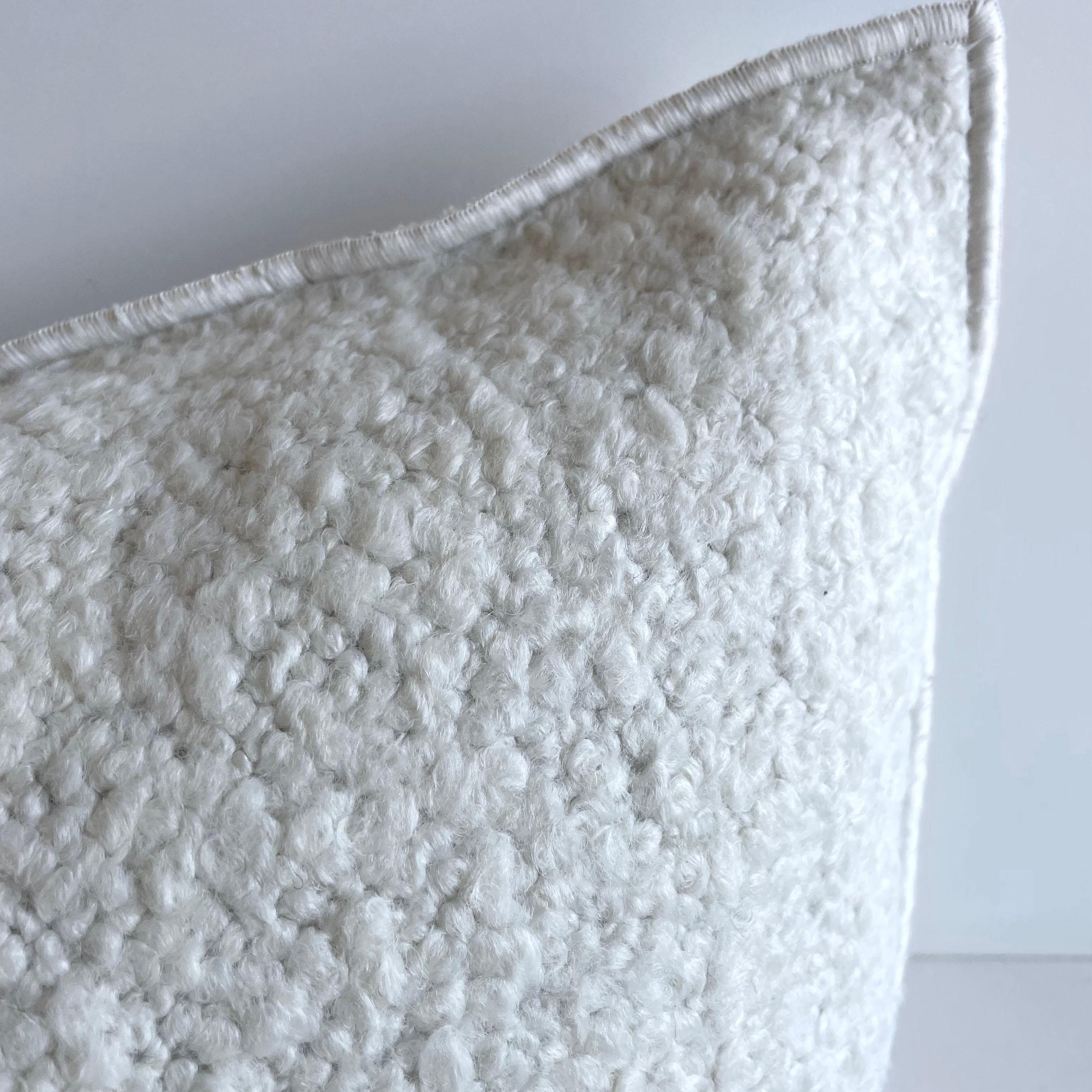 Custom wool and linen blend accent pillow with down insert Color: Toile Yeti / Blanc A creamy white colored nubby boucle style pillow with a stitched edge, metal zipper closure. Our pillows are constructed with vintage one of a kind textiles from