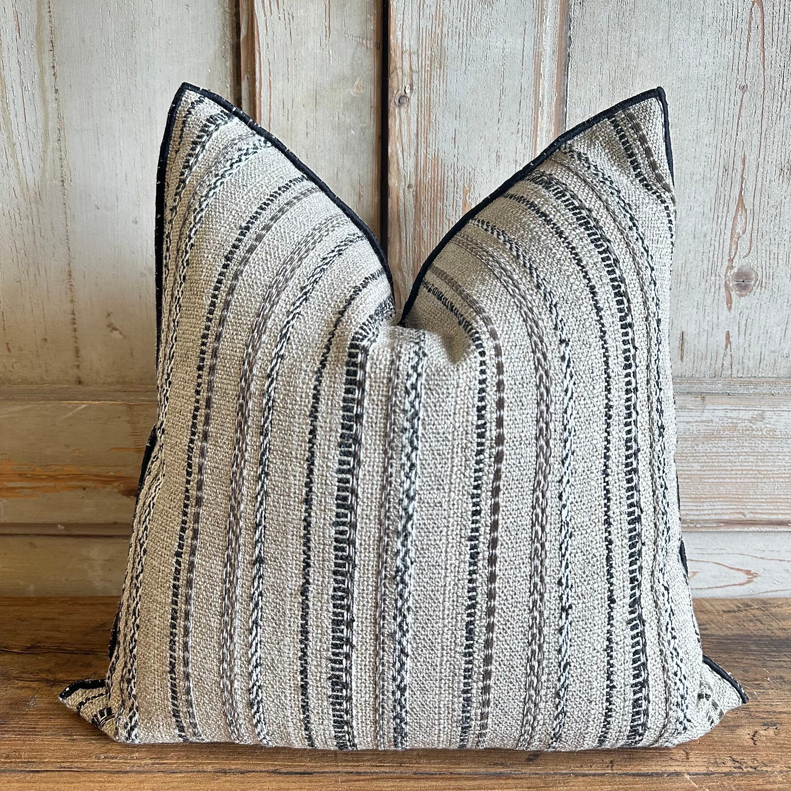 Custom Linen and Wool Blend Black Textured Stripe Pillow with Down Insert For Sale 1